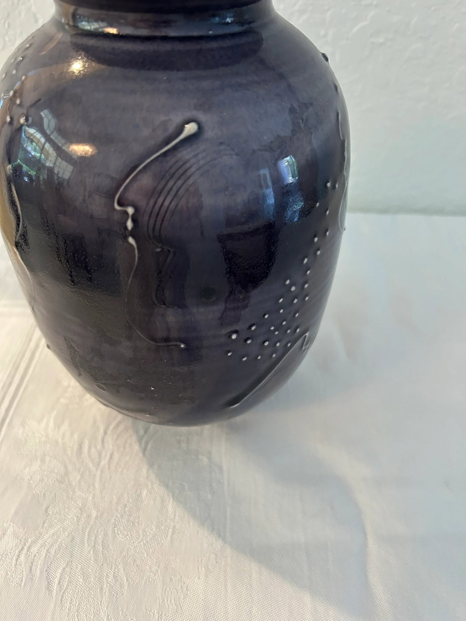 Vintage Ink Blue Japanese Ming Inspired Artisanal Pottery Vase - 4