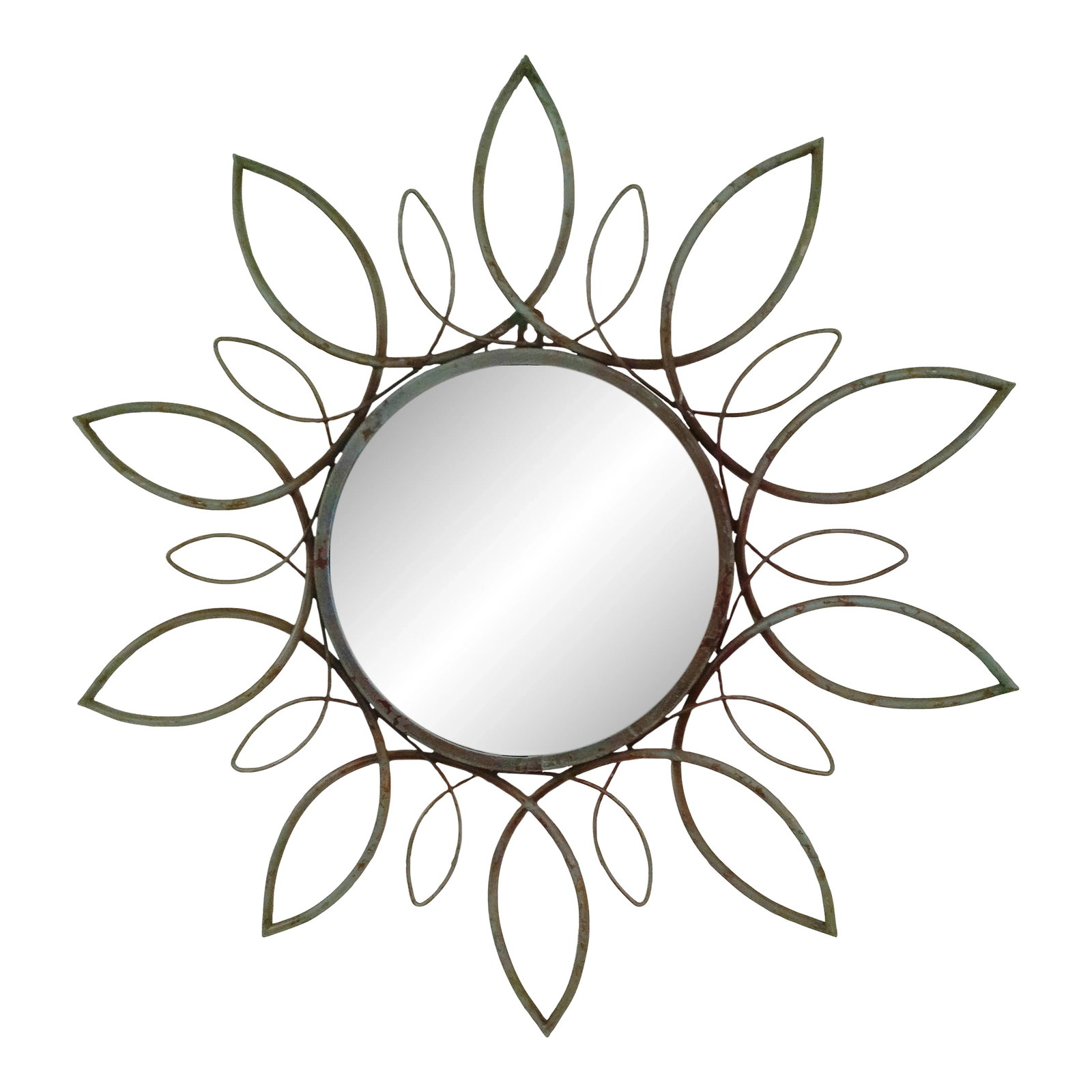 Vintage Distressed Green Metal Wall Mirror: Vintage metal hanging wall mirror features a round mirror center surrounded by cut-out petals/sun rays, (not sure if this is a floral or sunray design), in a, (what looks like), a naturally distressed