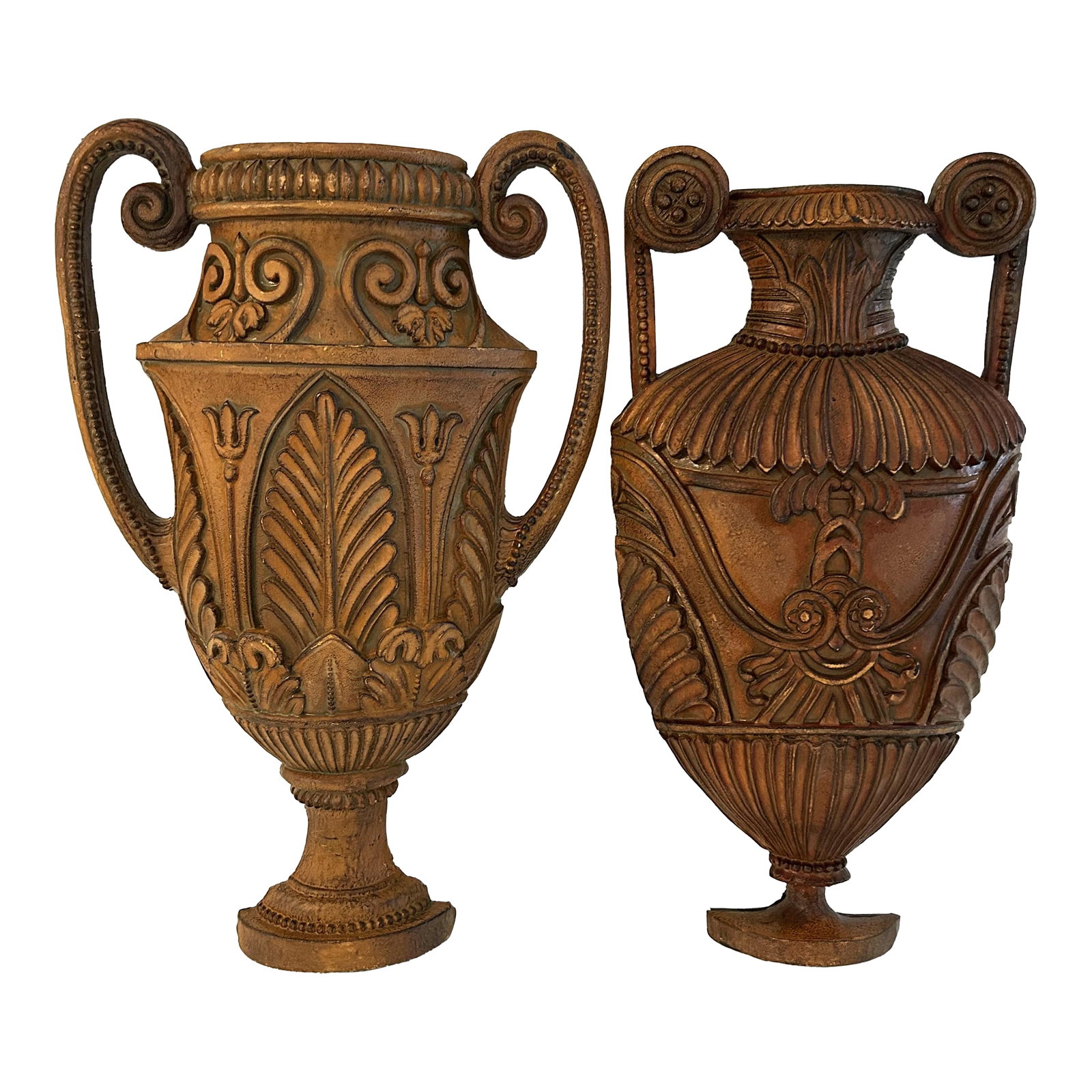 Large Mid-Century Neoclassical Design Wood Wall Pockets, a Pair: Pair of large mid-century Neoclassical style wall pockets in two different complimentary urn designs. Urns are made of a molded wood composite, therefore light for wall hanging. Excellent detail in a 