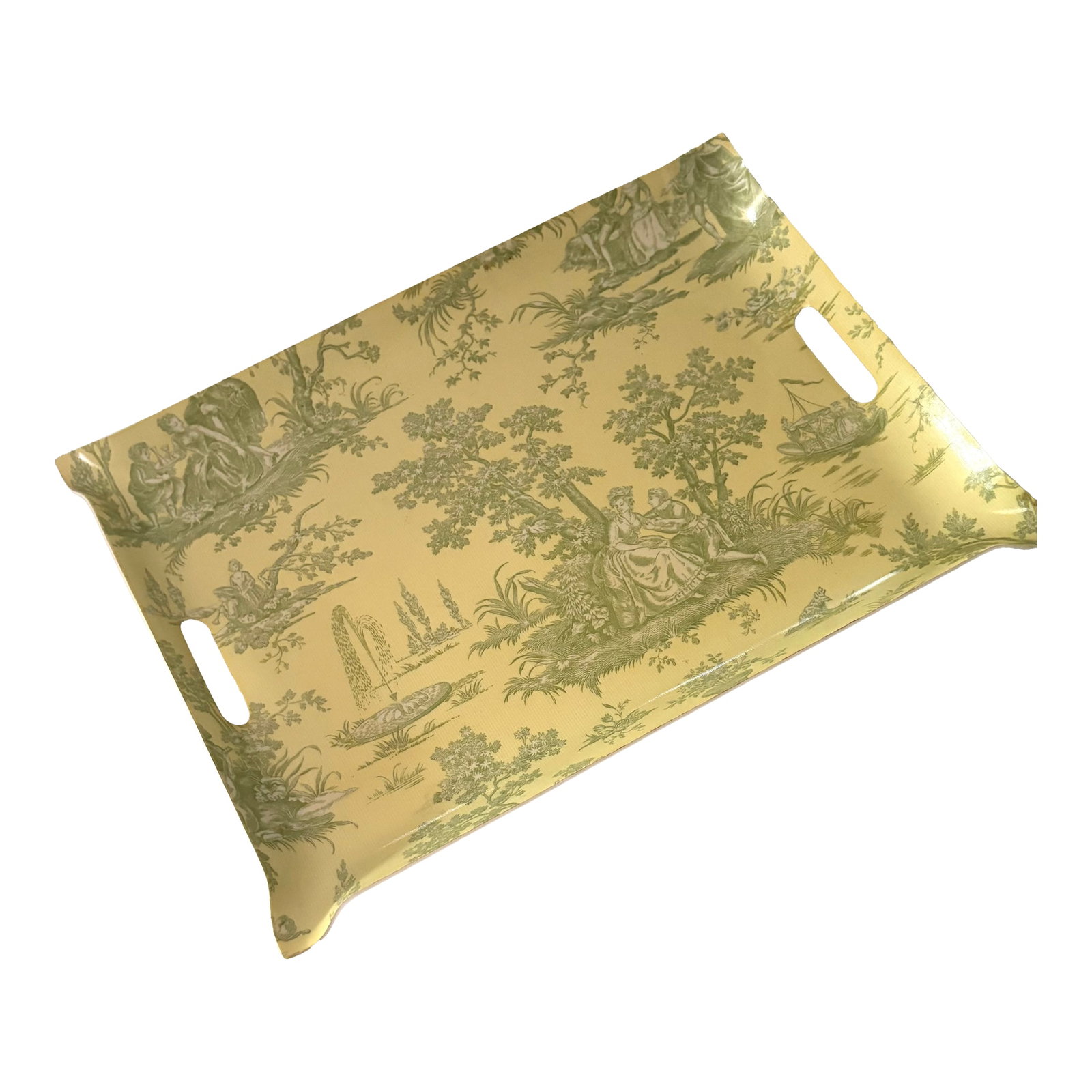 Light Yellow and Green French Toile Fabric and Acrylic Tray, With Inset Handles: As pretty to look at as it is functional, this acrylic tray has envelope corners and inset handles. Made in the USA by Tele-Fun, NYC, famous for their fabric trays, it features pale yellow and sage