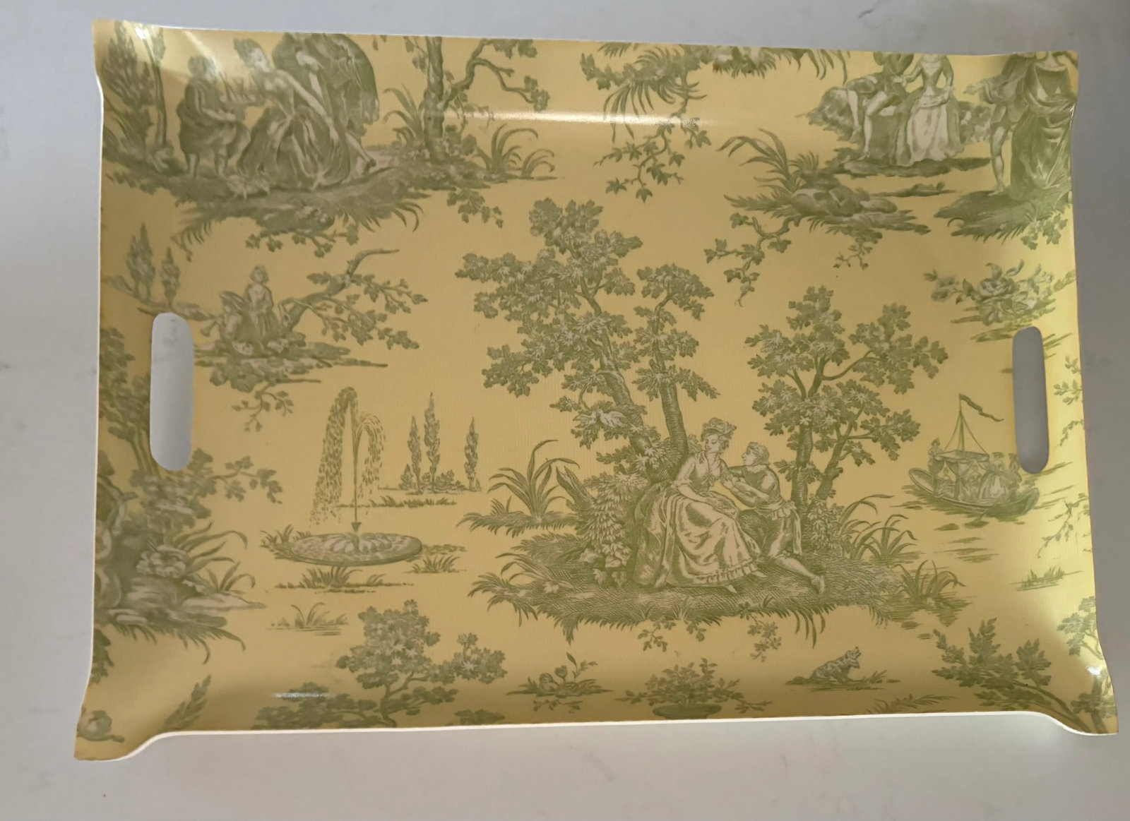Light Yellow and Green French Toile Fabric and Acrylic Tray, With Inset Handles - 2