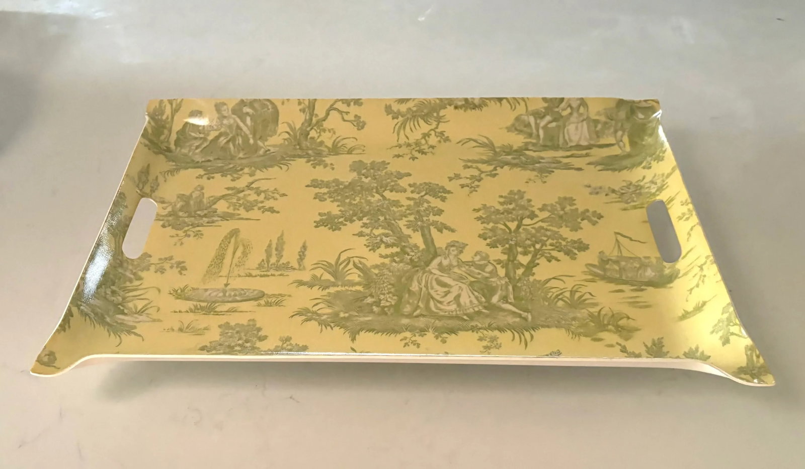 Light Yellow and Green French Toile Fabric and Acrylic Tray, With Inset Handles - 3
