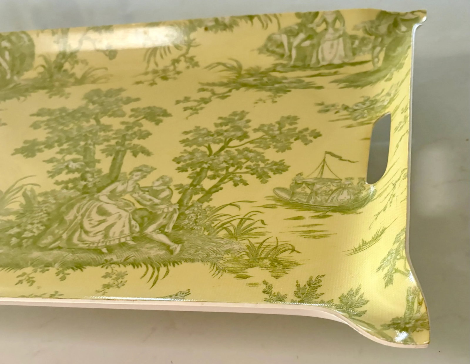 Light Yellow and Green French Toile Fabric and Acrylic Tray, With Inset Handles - 6