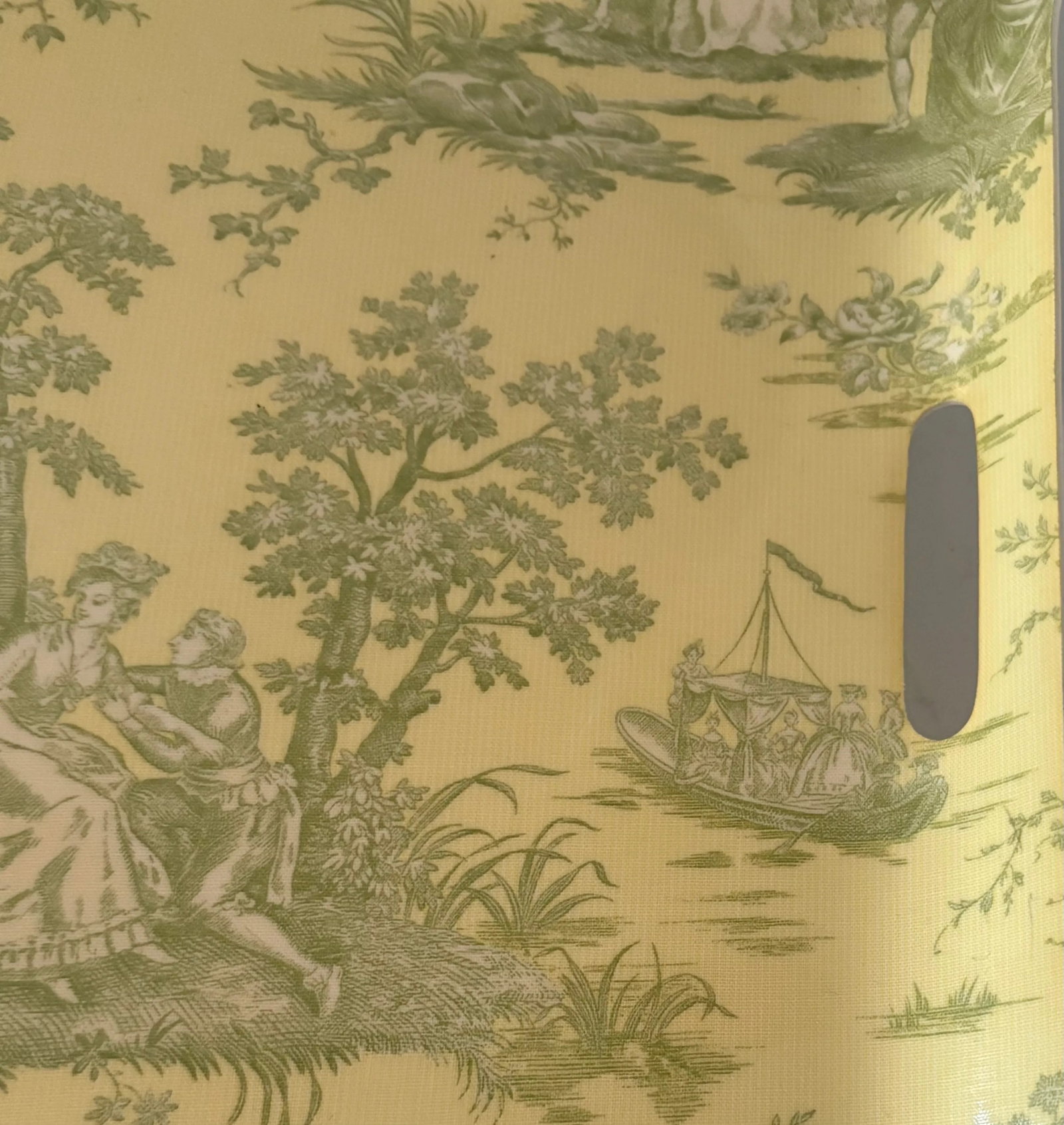 Light Yellow and Green French Toile Fabric and Acrylic Tray, With Inset Handles - 7