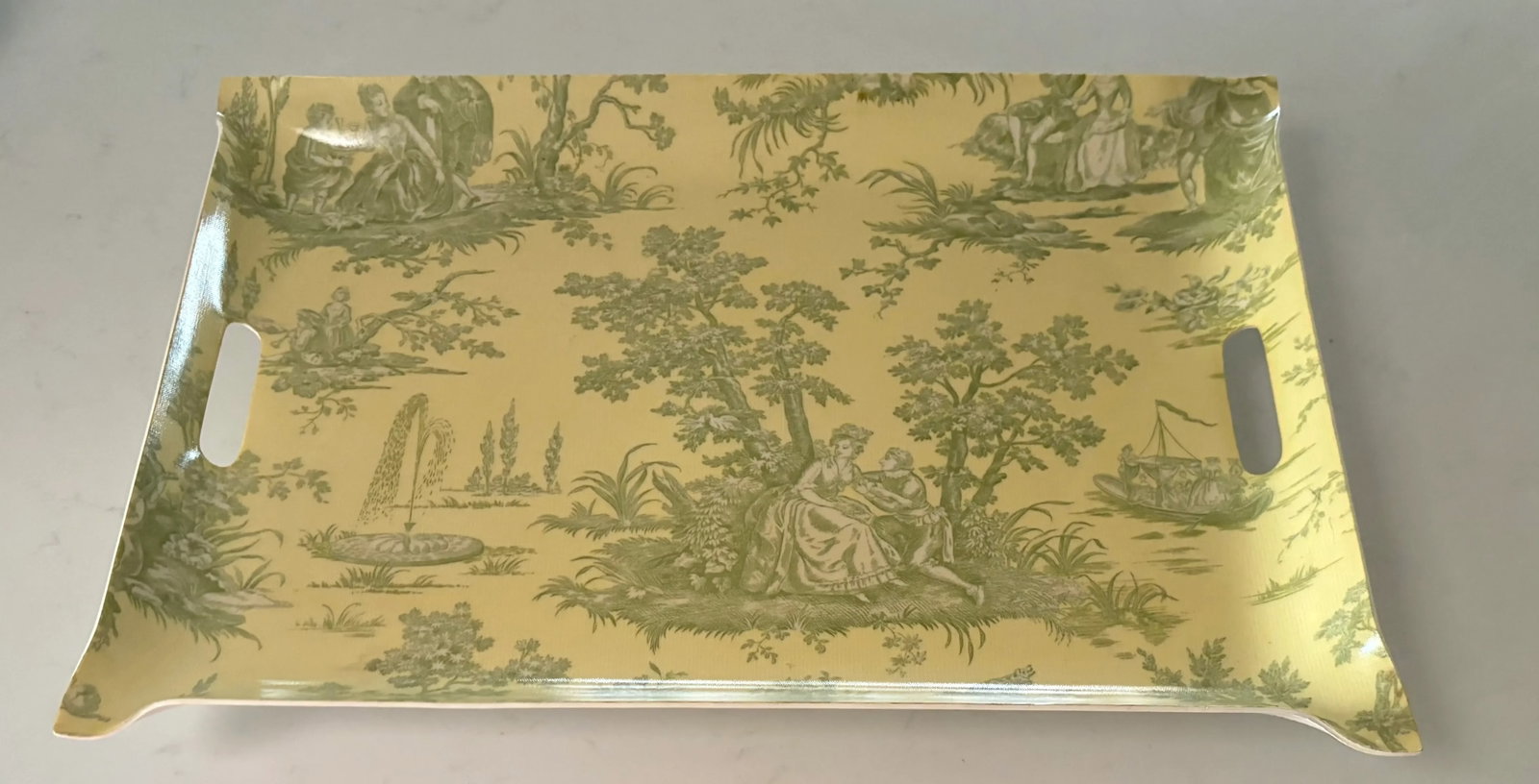 Light Yellow and Green French Toile Fabric and Acrylic Tray, With Inset Handles - 8