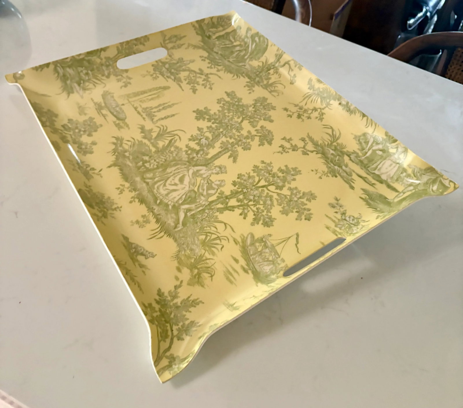 Light Yellow and Green French Toile Fabric and Acrylic Tray, With Inset Handles - 9
