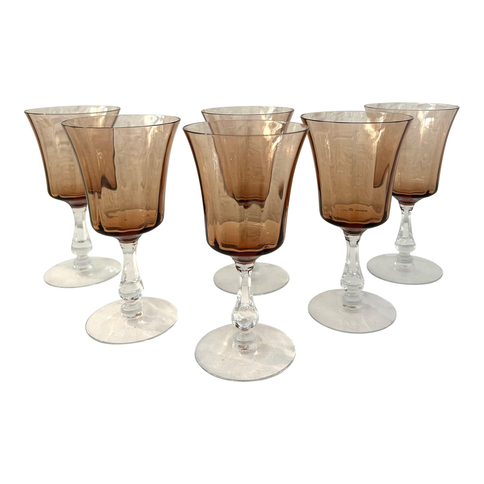 Vintage Dusty Rose Optic Wine Glasses, Set of 6: Pretty set of six vintage wine glasses featuring Dusty Rose, tulip shaped bowls with ornate clear stems. Each glass holds 6 ounces. Excellent condition. Condition: Alterations: Original Condition Unal