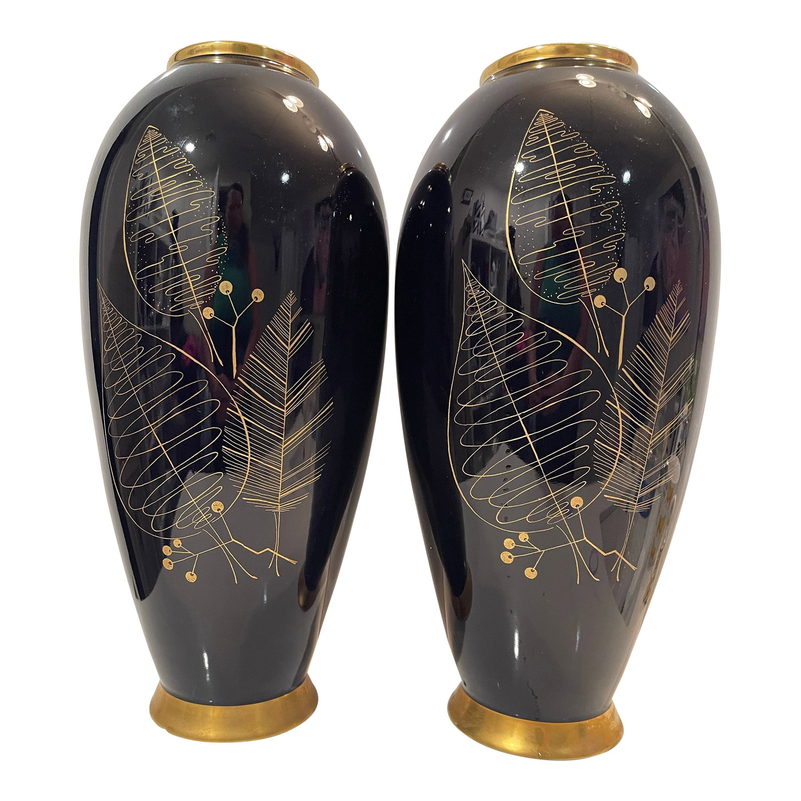 Set of Two 1970s Lindner Kueps Bavarian Tall Gold & Cobalt Floral Vases: A lovely matching set of Lindner Kueps (Kups, Franconia) Bavarain Echt Cobalt Vases with gold paint. These are tall, bold and daring. They make a statement of elegance, purpose and beauty. The design