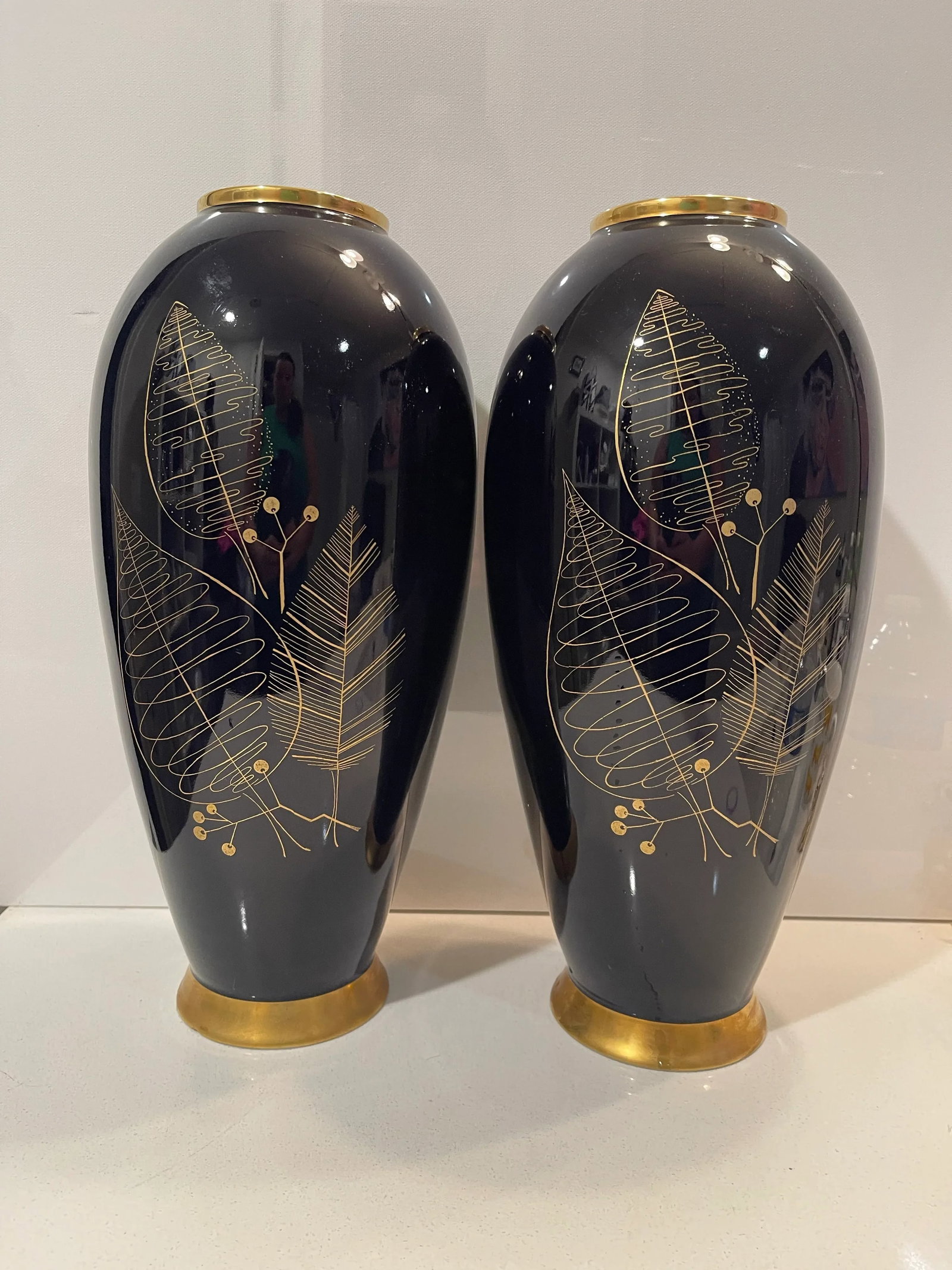 Set of Two 1970s Lindner Kueps Bavarian Tall Gold & Cobalt Floral Vases - 2