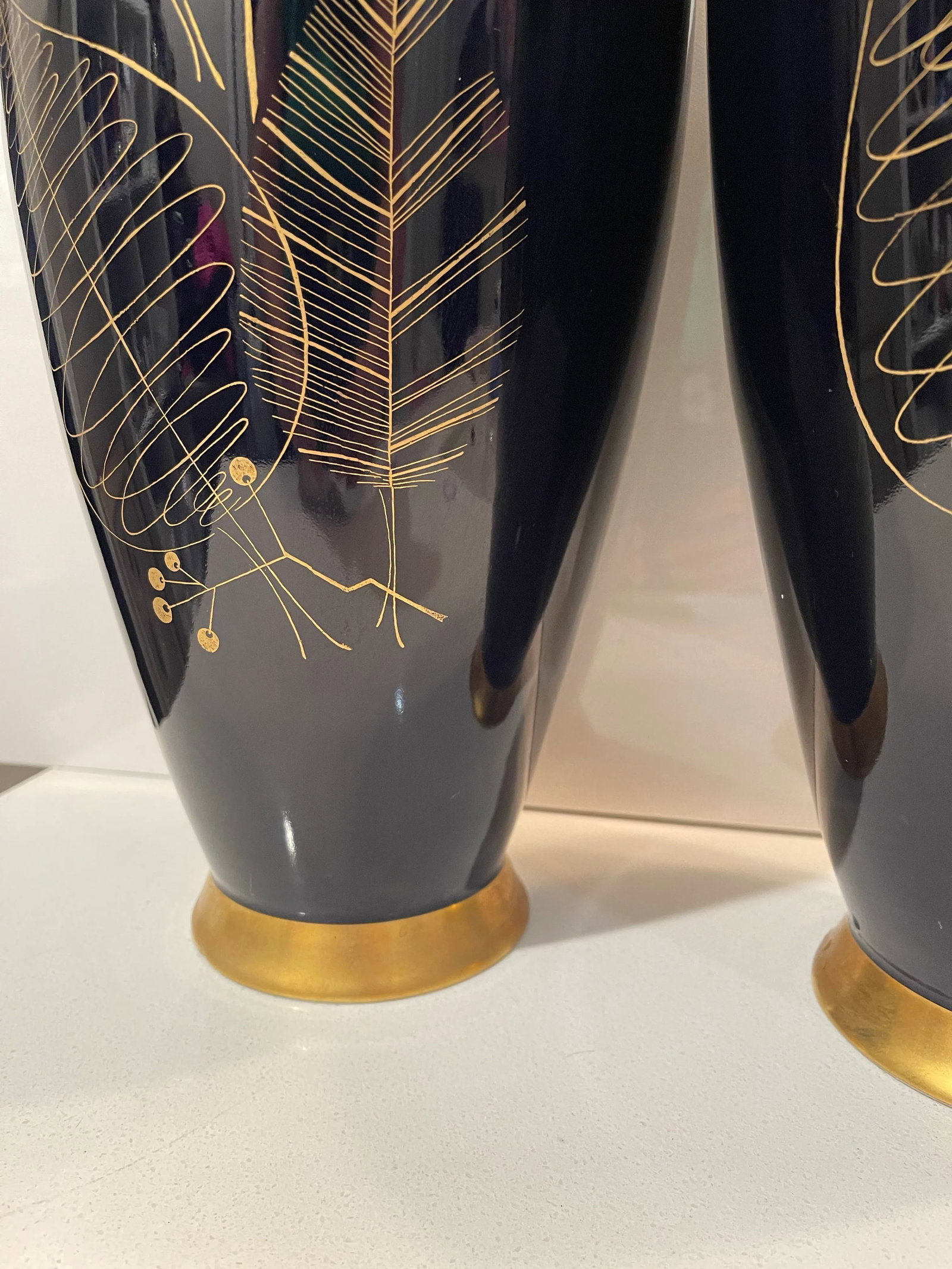 Set of Two 1970s Lindner Kueps Bavarian Tall Gold & Cobalt Floral Vases - 6
