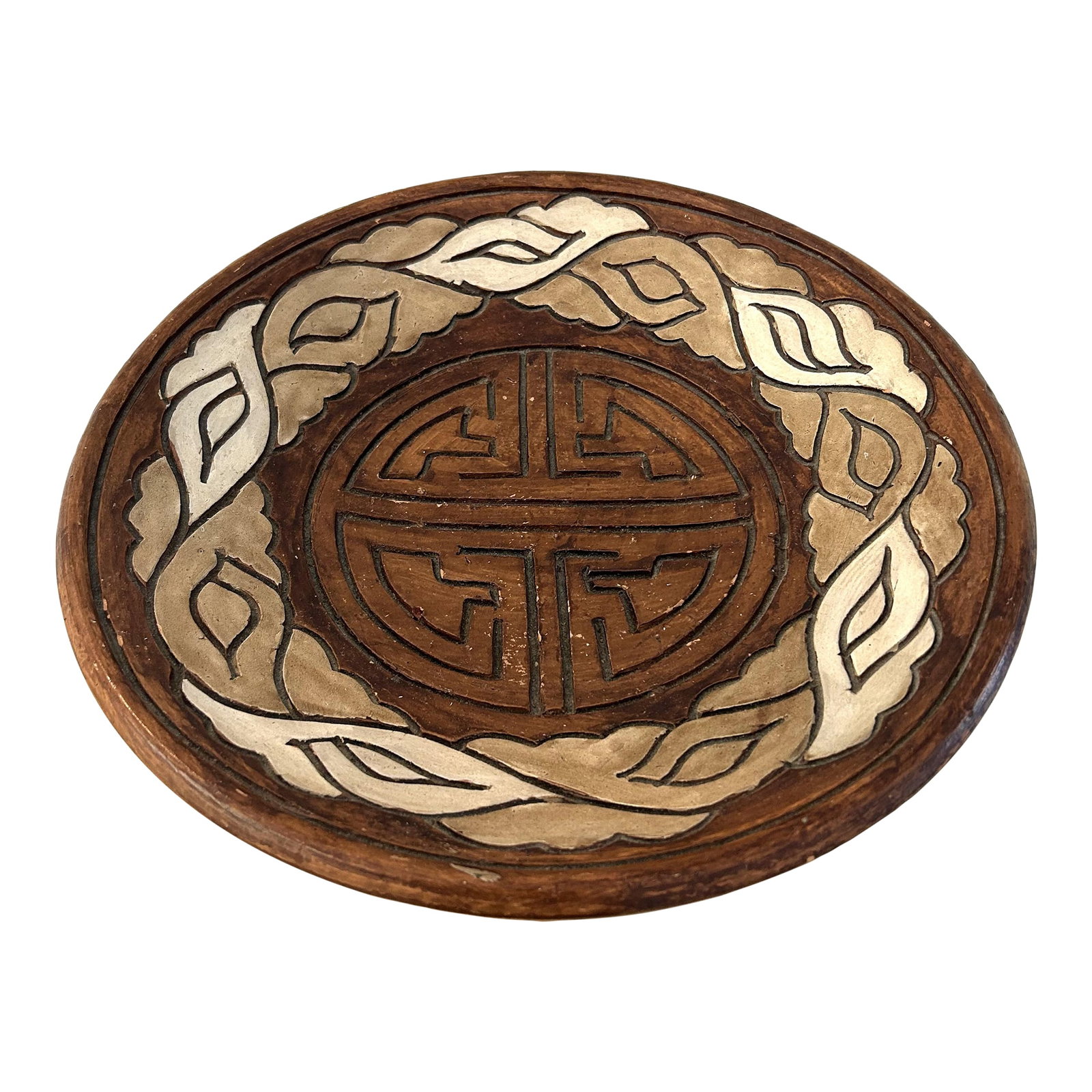 Vintage Southwestern Artisanal Pottery Bowl: Vintage hand-made pottery bowl in shades of brown, tan and cream. Hole on back should desire to display hanging. Condition: Alterations: Original Condition Unaltered Imperfections: Some Imperfections