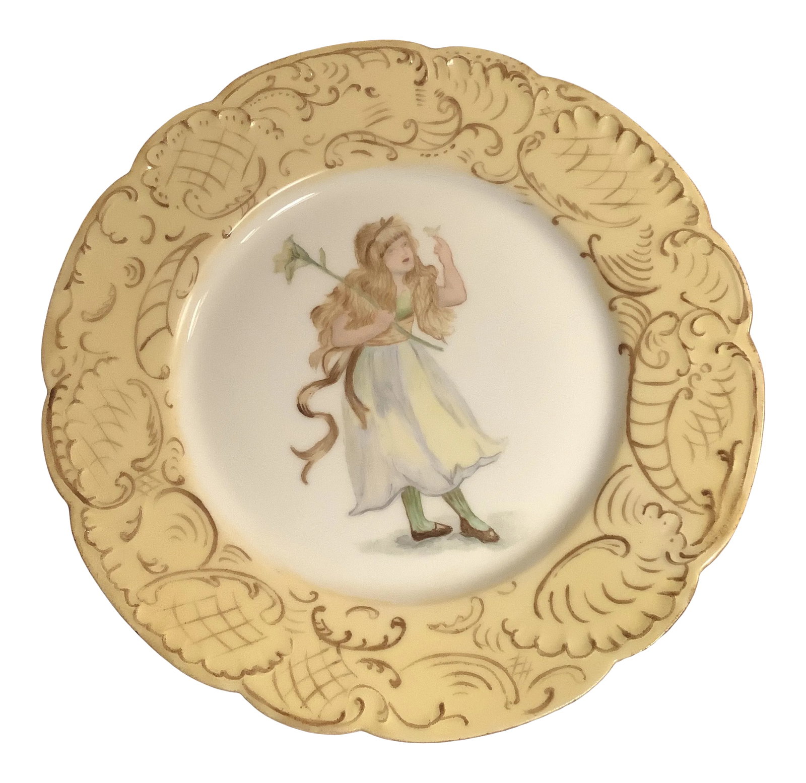 Haviland & Co. Limoges Hand Painted Fairy Plate: Truly a beautiful find. A unique hand painted fairy wearing a flowing dress holding a bird in her left hand and a single stemmed flower in her right. Painted in hues of yellows, blues, and greens.