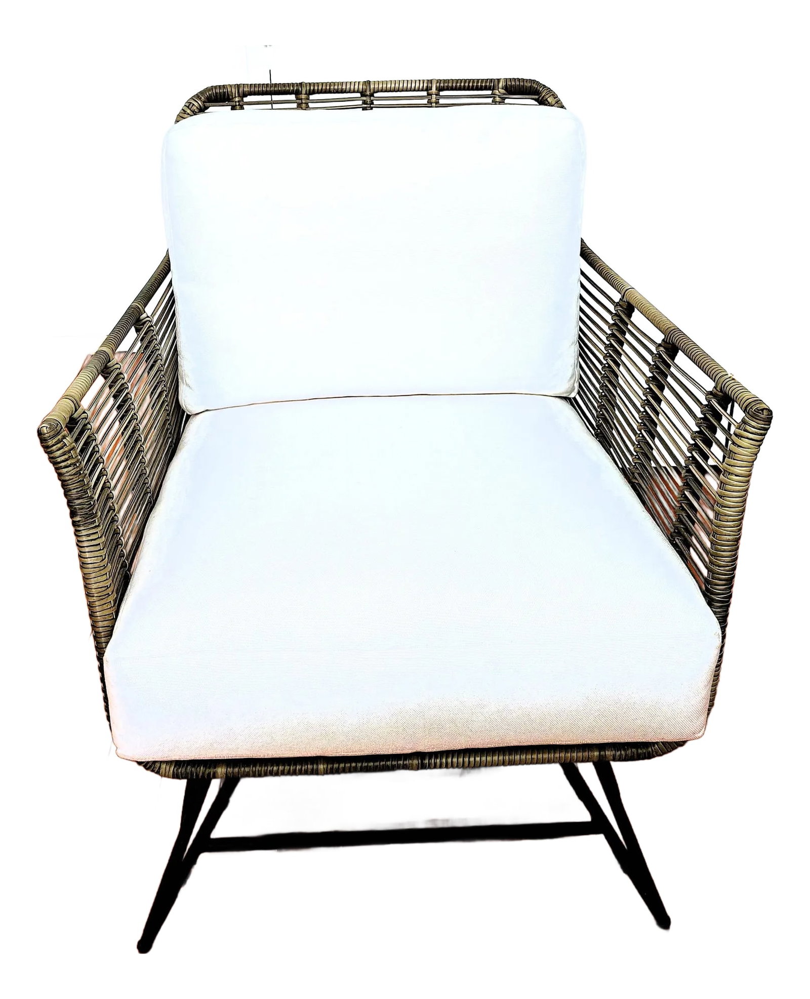 Palecek Indoor/Outdoor Hermosa Lounge Chair: Black aluminum frame hand-wrapped in a grey synthetic wicker with maximum UV protection. Chair comes with loose seat and back cushions. Coordinates with the Hermosa outdoor grey collection. There is
