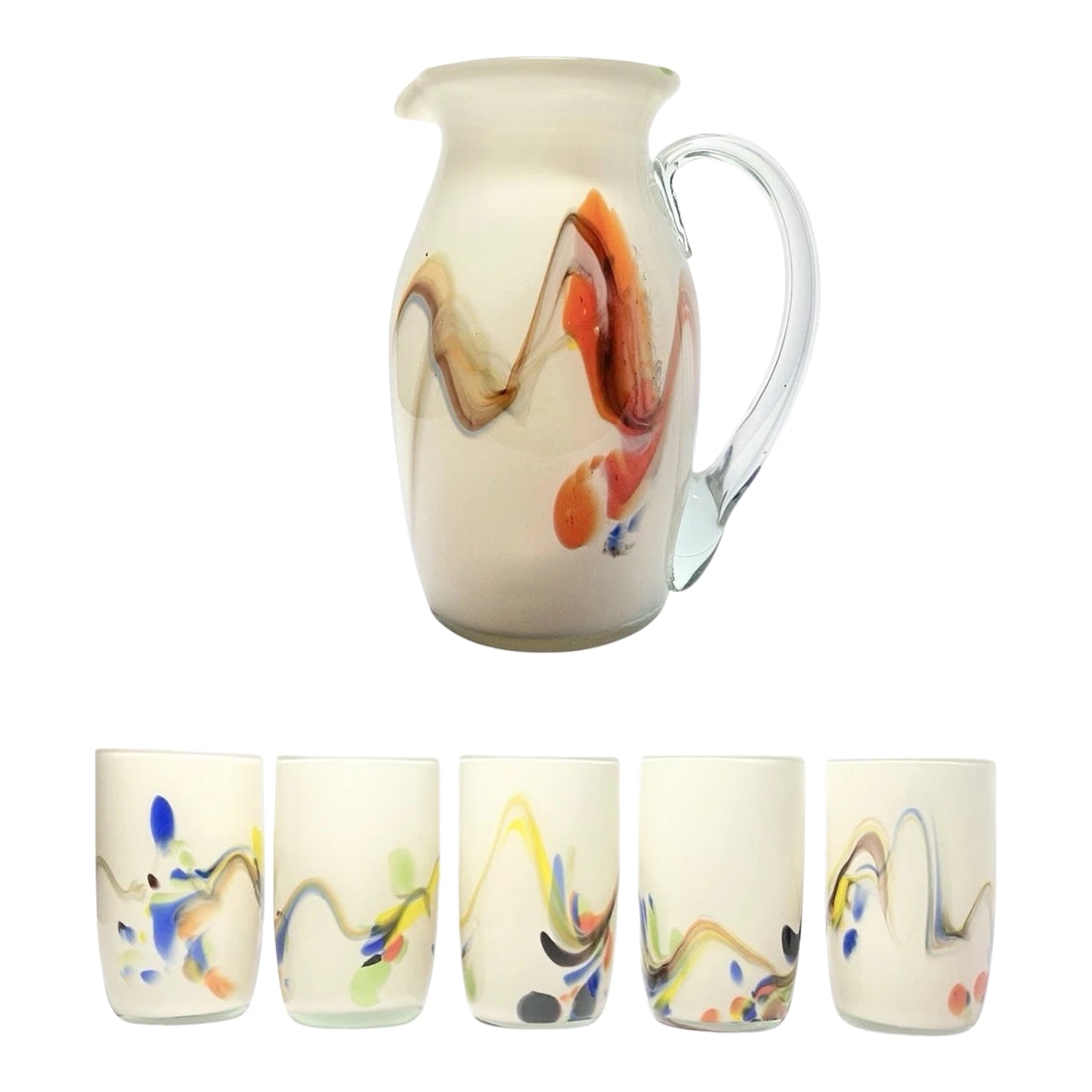 1960s Mid-Century Dalian Glass Co. "Snowflake Series" 6-Piece Pitcher & Tumblers: 1960s Mid-century Dalian Glass Co. "Snowflake Series" 6-Piece Pitcher & Tumblers Excellent condition. No chips, cracks, or fleabites. Tumbler Height 4 3/8" Length (Opening) 2 5/8" Holds 8oz Pitcher