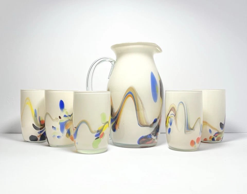 1960s Mid-Century Dalian Glass Co. "Snowflake Series" 6-Piece Pitcher & Tumblers - 2