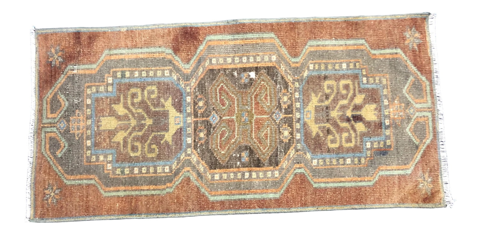 Vintage Faded Turkish Handmade Brown Small Rug: Handmade wool and cotton rug in Turkish Anatolia Carpet, Vintage Oushak Rug, Turkish Vintage Anatolian Rug, Handmade wool Rug. One Of Kind Vintage Rug with perfect design and colors. Condition: