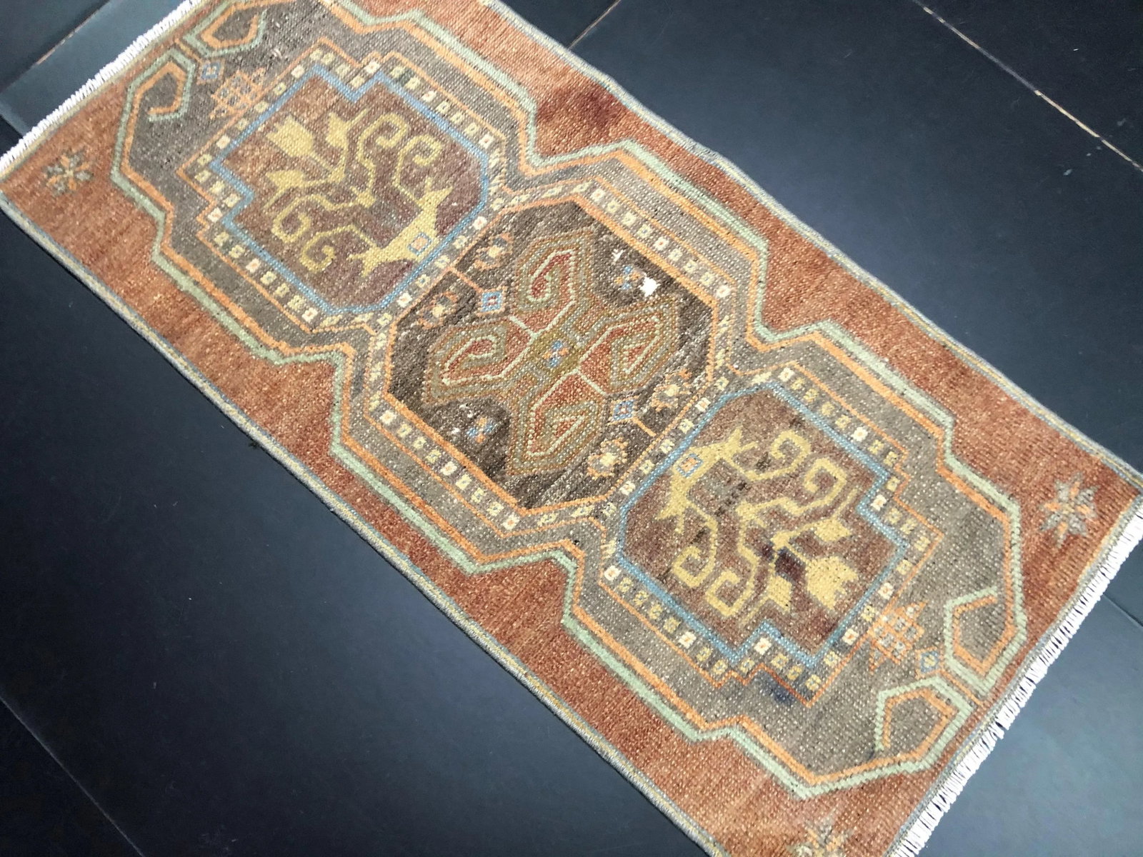 Vintage Faded Turkish Handmade Brown Small Rug - 3