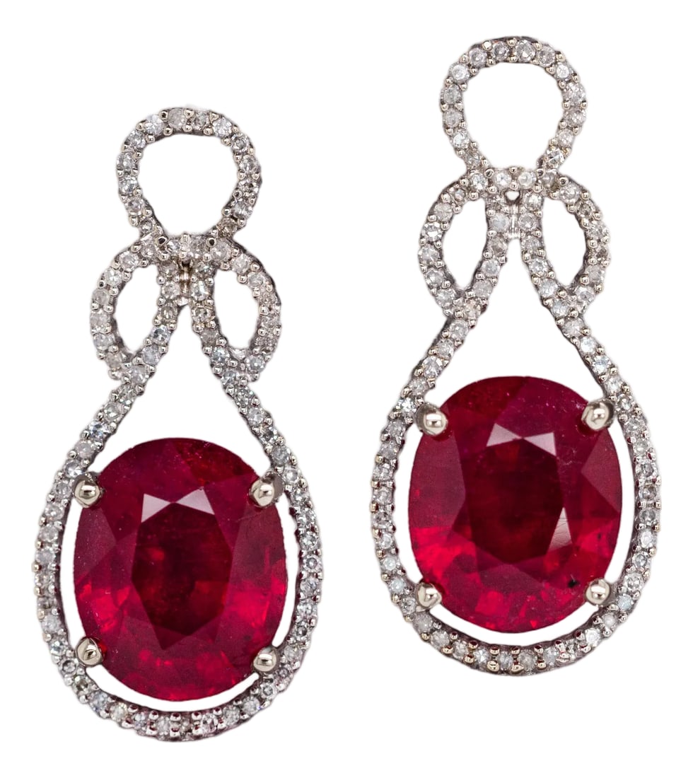 Estate 9cts Ruby Dangle Earrings With Natural Diamond Accents in 14k Solid White Gold (1 of 7)