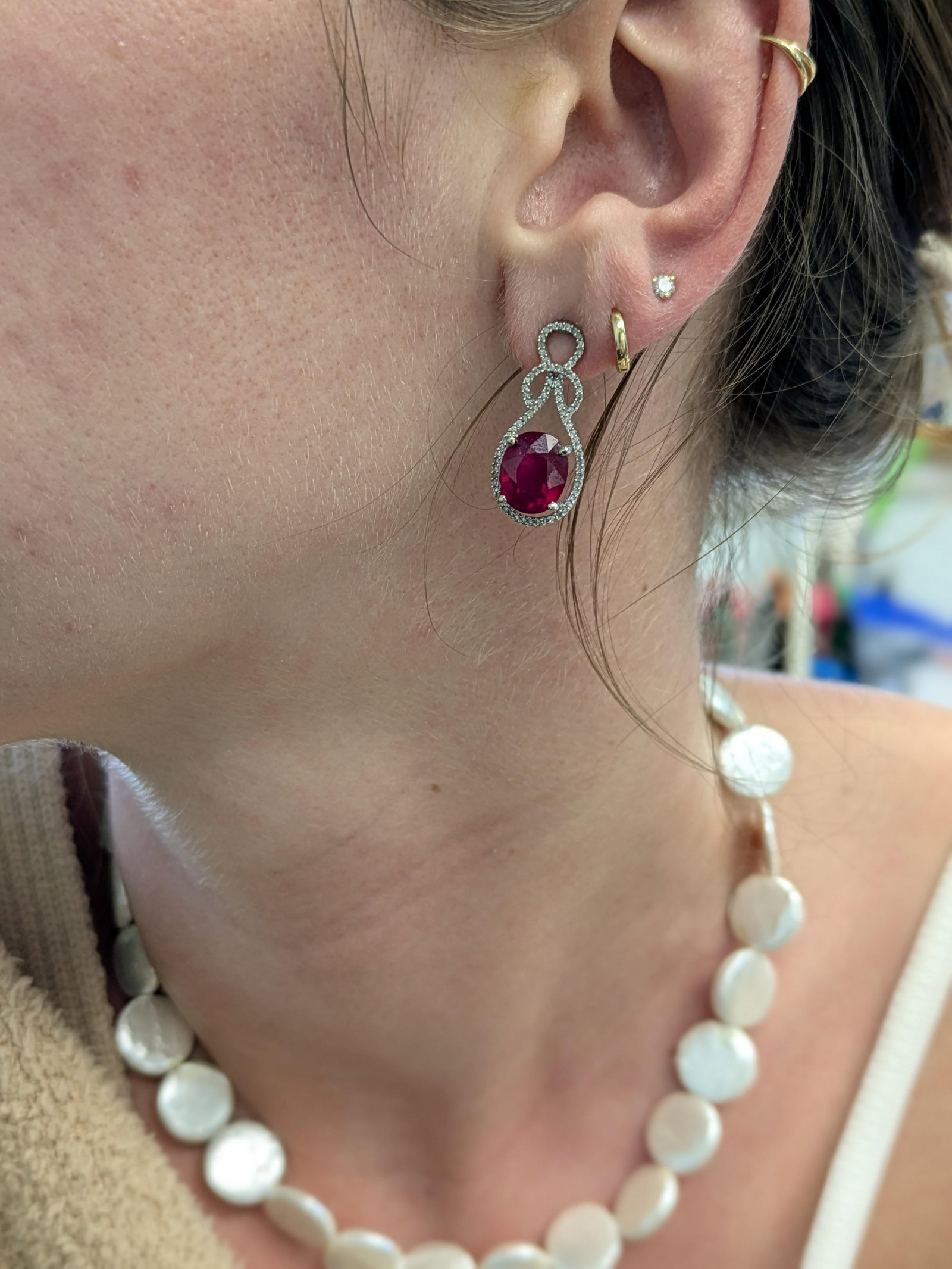 Estate 9cts Ruby Dangle Earrings With Natural Diamond Accents in 14k Solid White Gold - 2