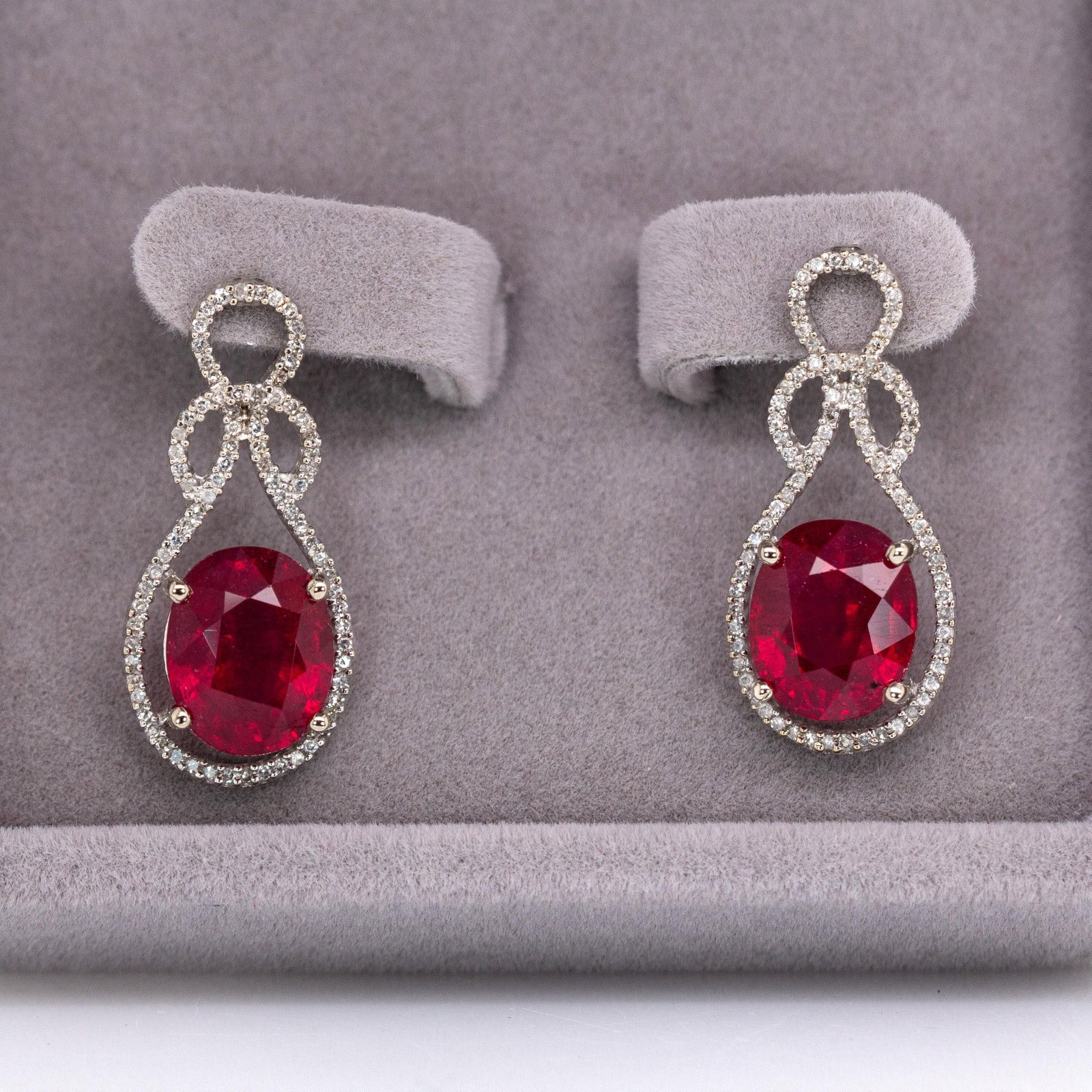 Estate 9cts Ruby Dangle Earrings With Natural Diamond Accents in 14k Solid White Gold - 3
