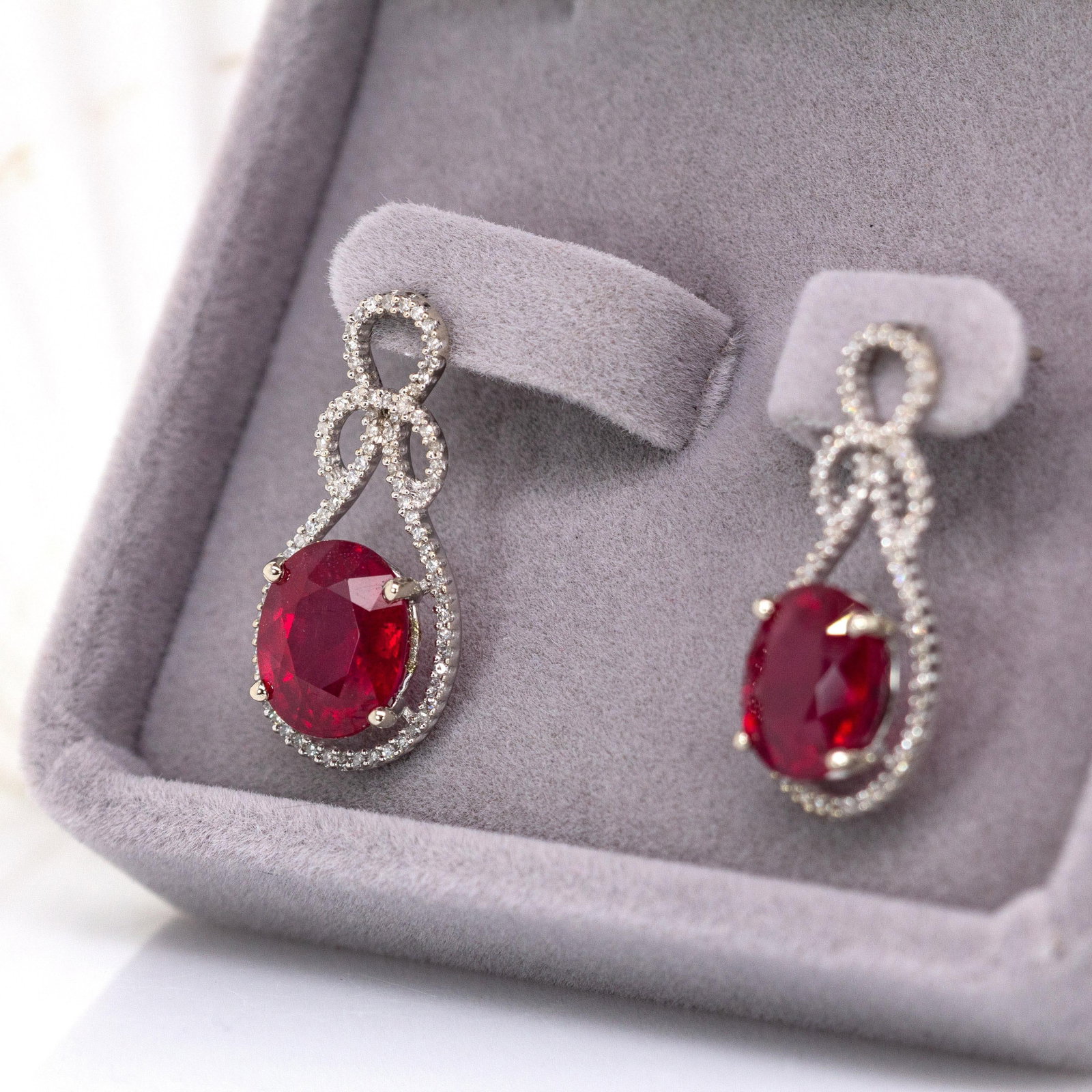 Estate 9cts Ruby Dangle Earrings With Natural Diamond Accents in 14k Solid White Gold - 4