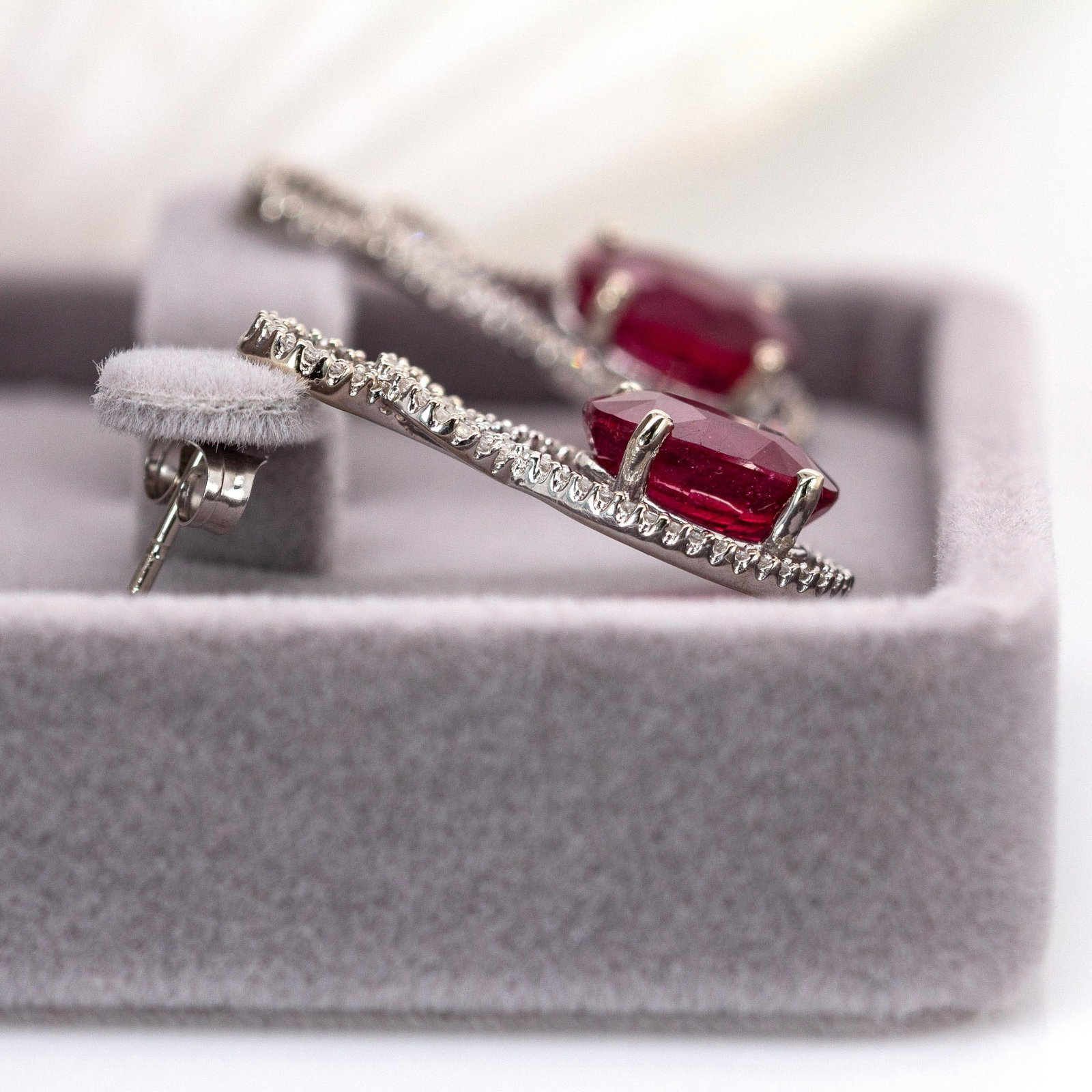 Estate 9cts Ruby Dangle Earrings With Natural Diamond Accents in 14k Solid White Gold - 5