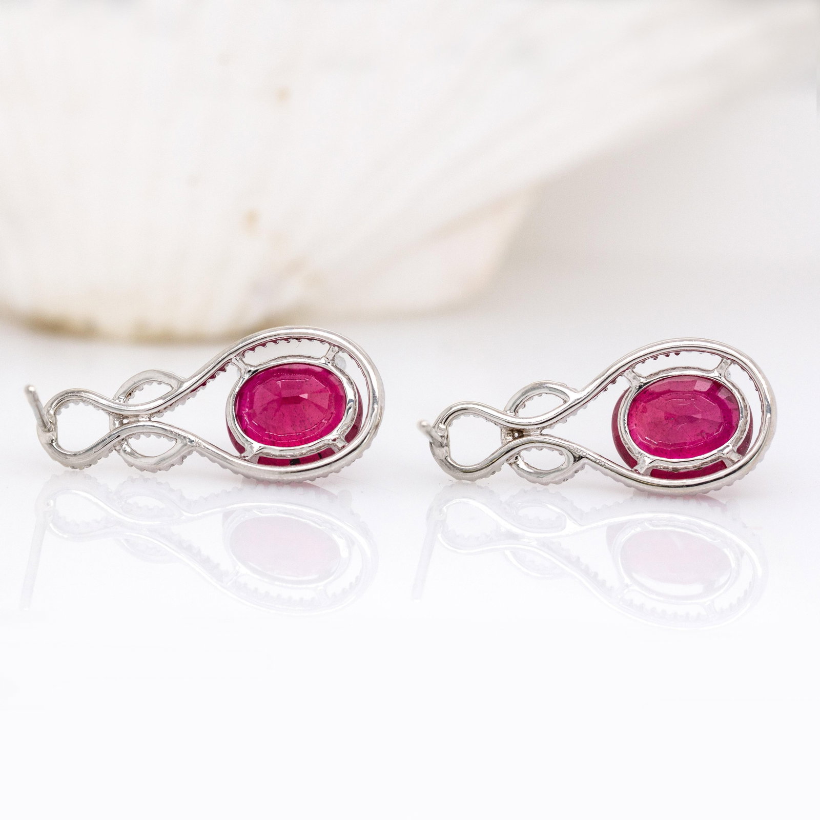 Estate 9cts Ruby Dangle Earrings With Natural Diamond Accents in 14k Solid White Gold - 6