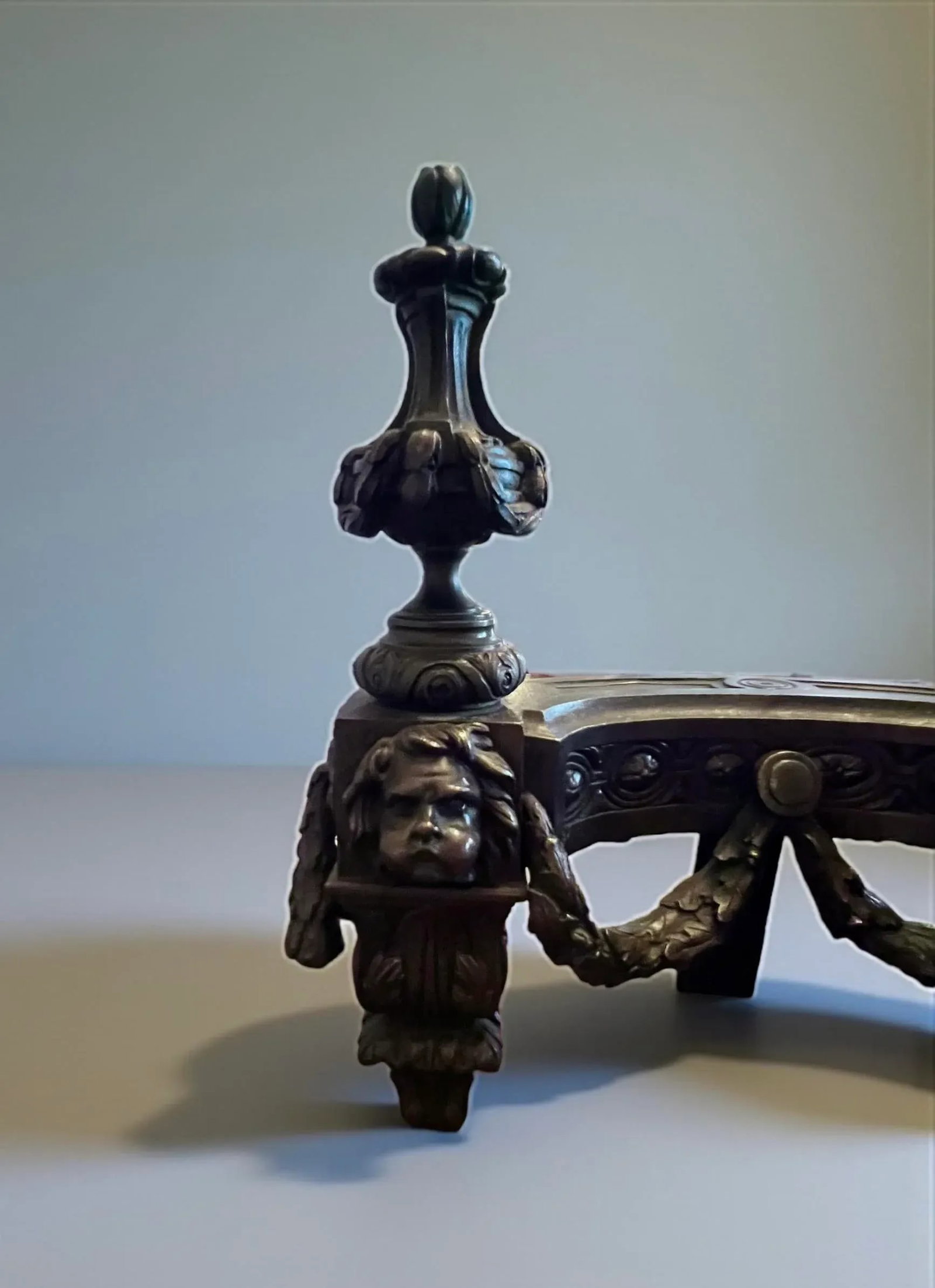 19th Century Antique Brass Chenet Urns Andirons-Flame Tops-Faces-Drapes- Set of 2 - 12