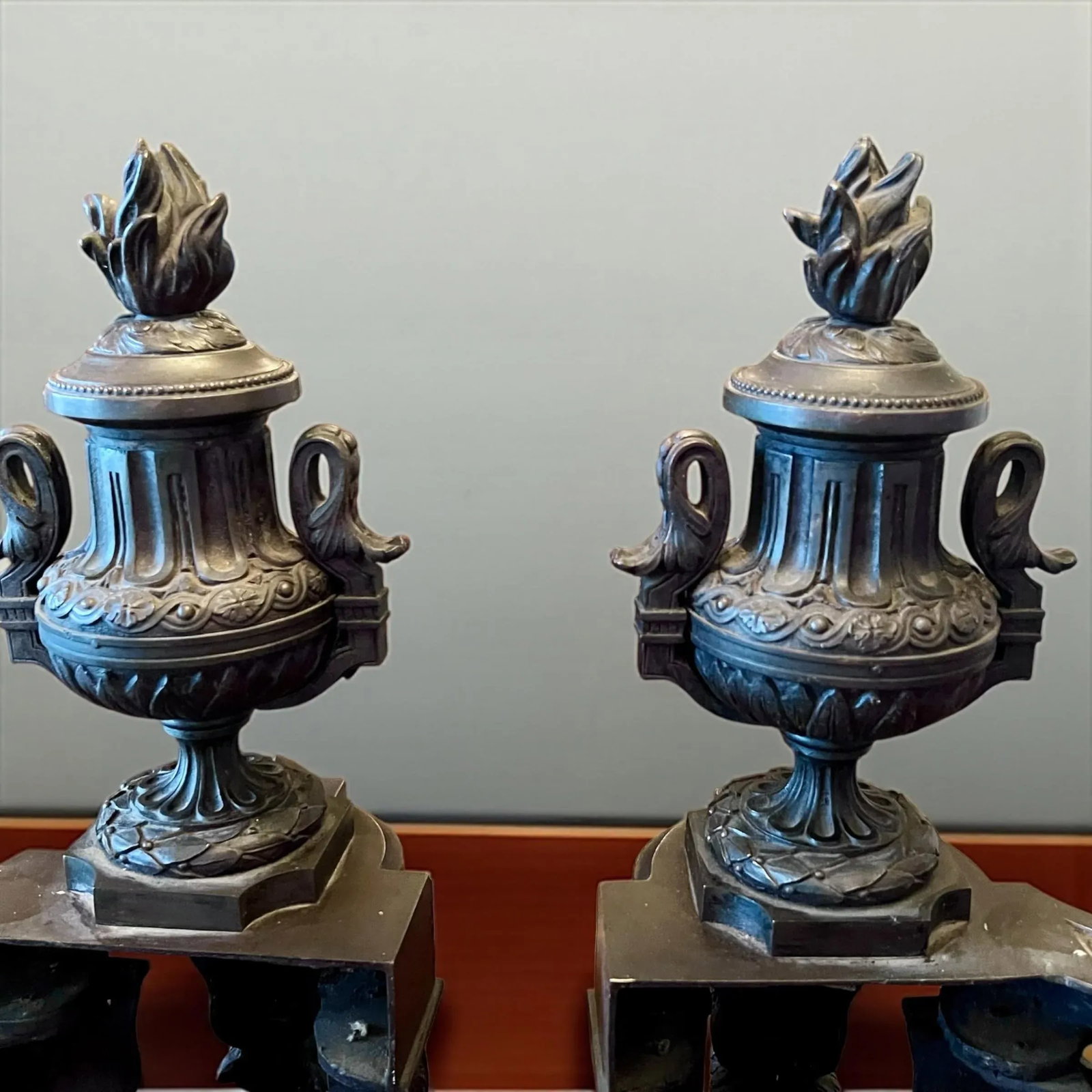 19th Century Antique Brass Chenet Urns Andirons-Flame Tops-Faces-Drapes- Set of 2 - 13