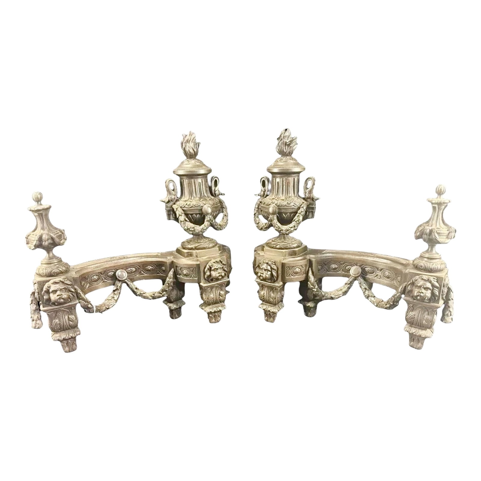 19th Century Antique Brass Chenet Urns Andirons-Flame Tops-Faces-Drapes- Set of 2 (1 of 13)