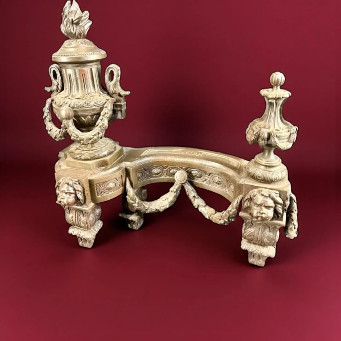 19th Century Antique Brass Chenet Urns Andirons-Flame Tops-Faces-Drapes- Set of 2 - 5