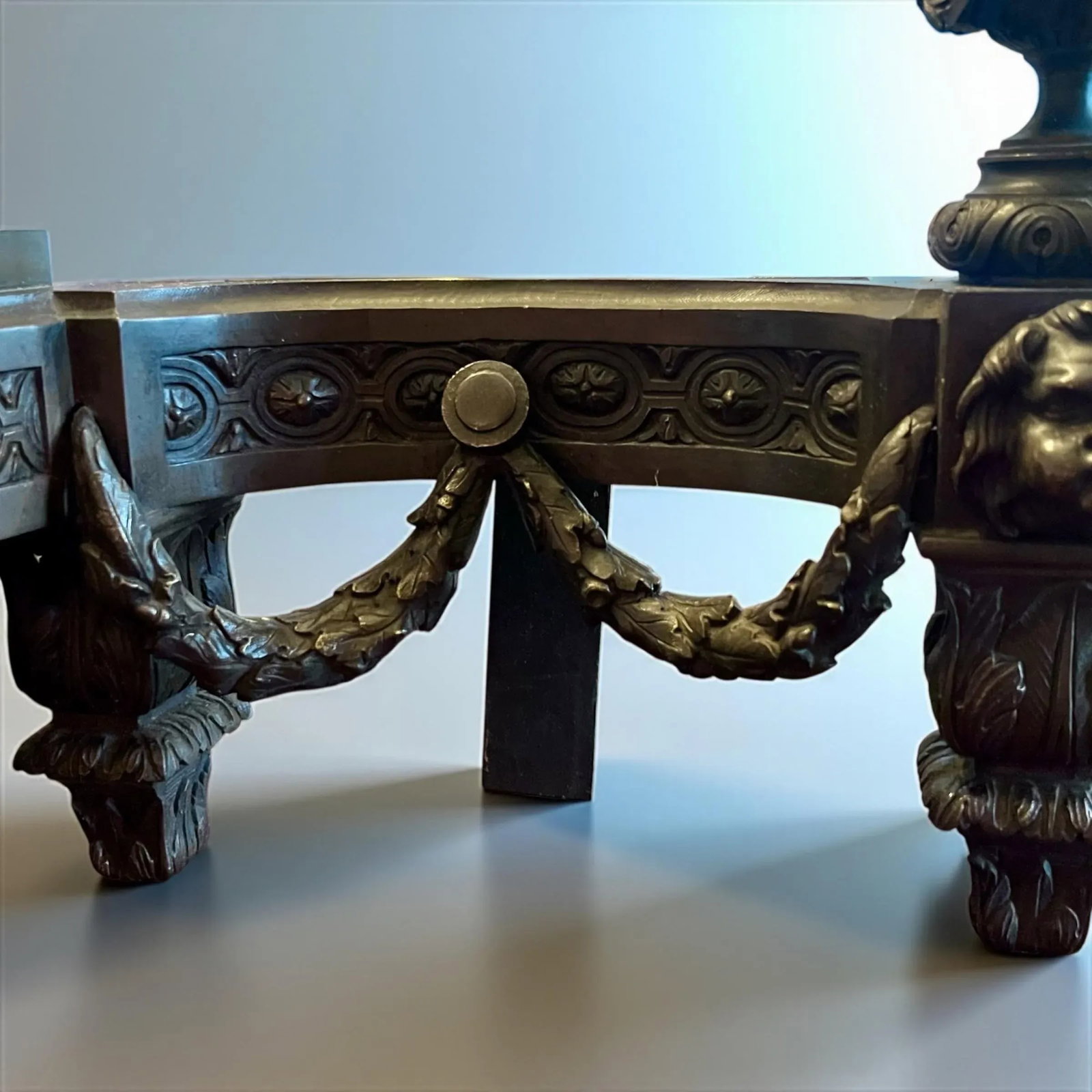 19th Century Antique Brass Chenet Urns Andirons-Flame Tops-Faces-Drapes- Set of 2 - 6