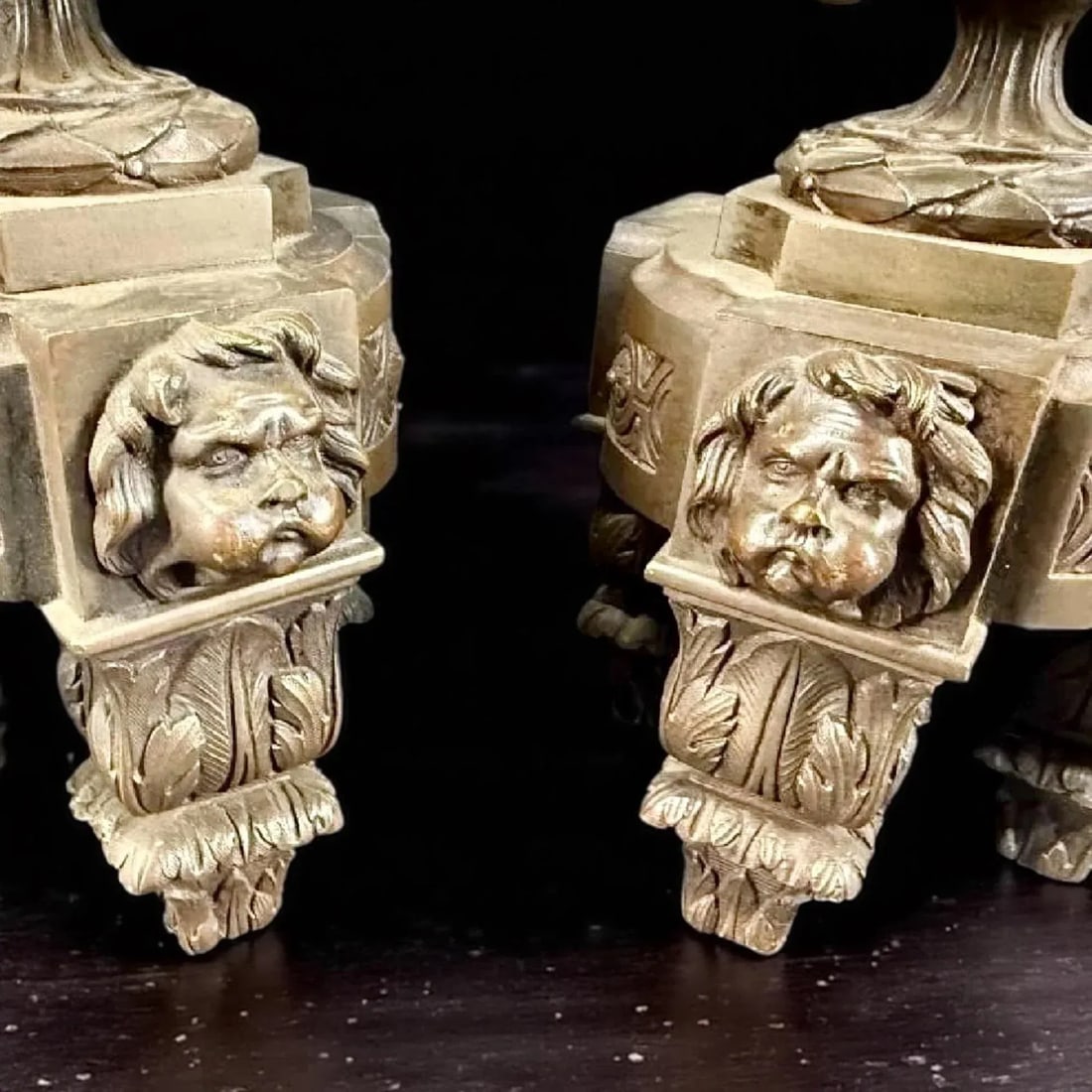 19th Century Antique Brass Chenet Urns Andirons-Flame Tops-Faces-Drapes- Set of 2 - 7