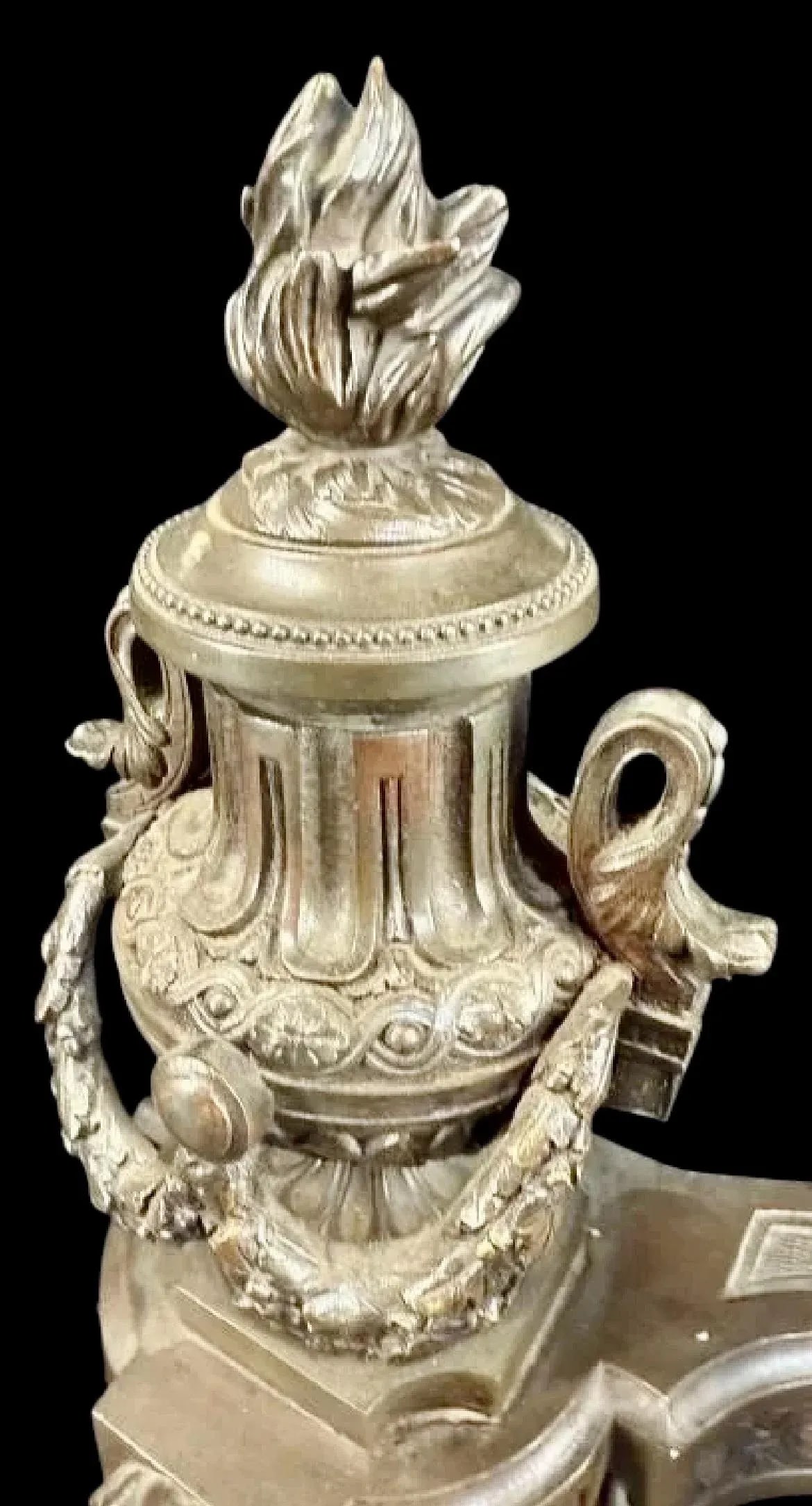 19th Century Antique Brass Chenet Urns Andirons-Flame Tops-Faces-Drapes- Set of 2 - 8