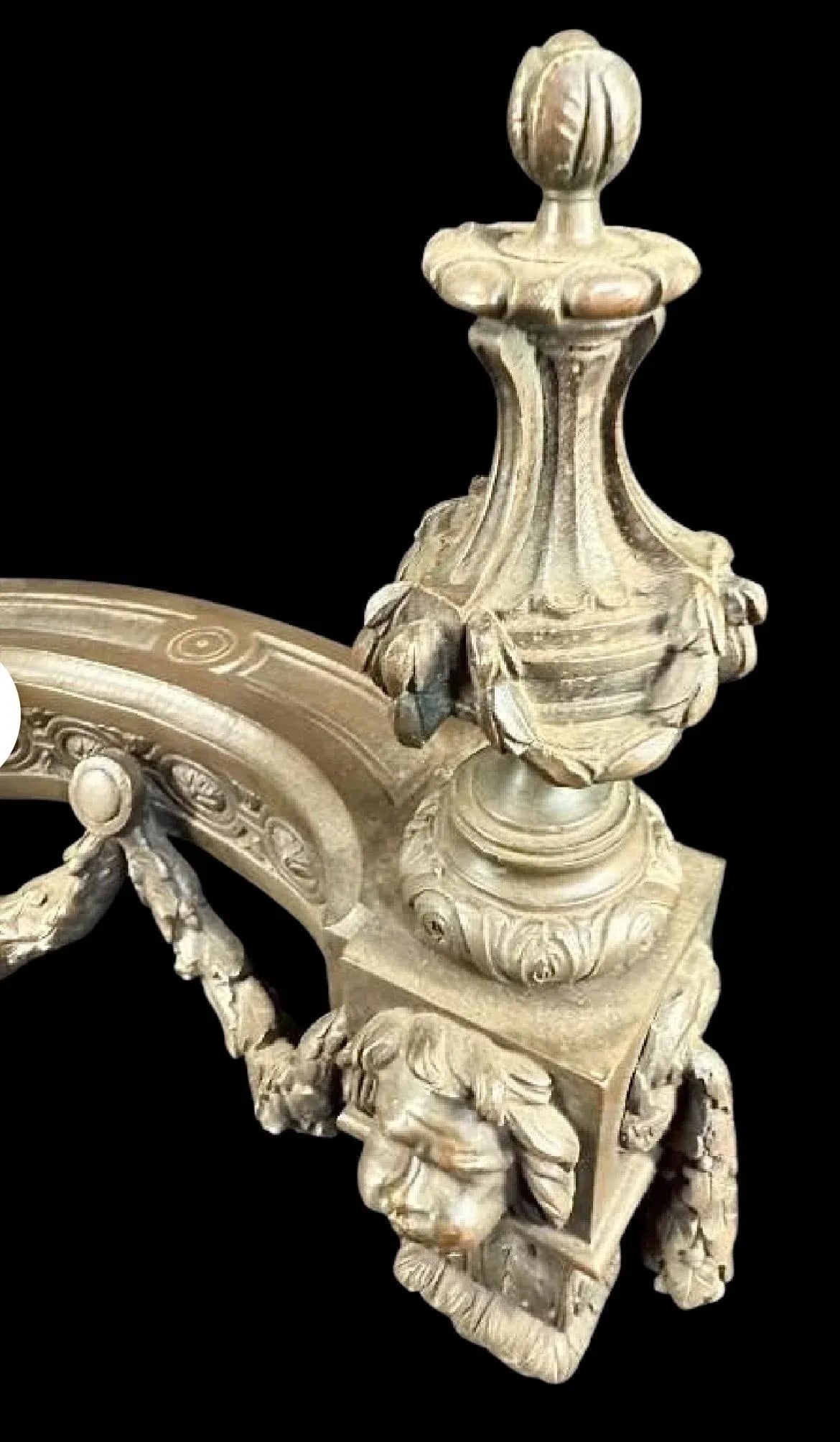 19th Century Antique Brass Chenet Urns Andirons-Flame Tops-Faces-Drapes- Set of 2 - 9