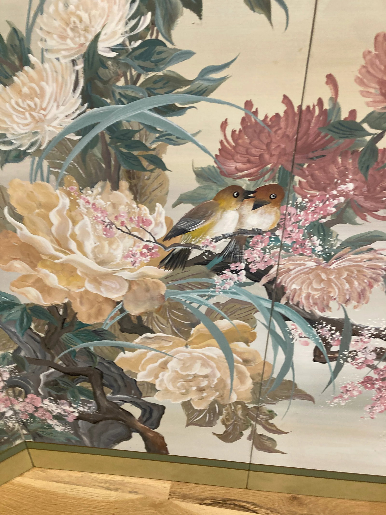 Mid 20th Century Japanese Style Four Panel Screen Hand Painted by Lucien Leinfelder - 11