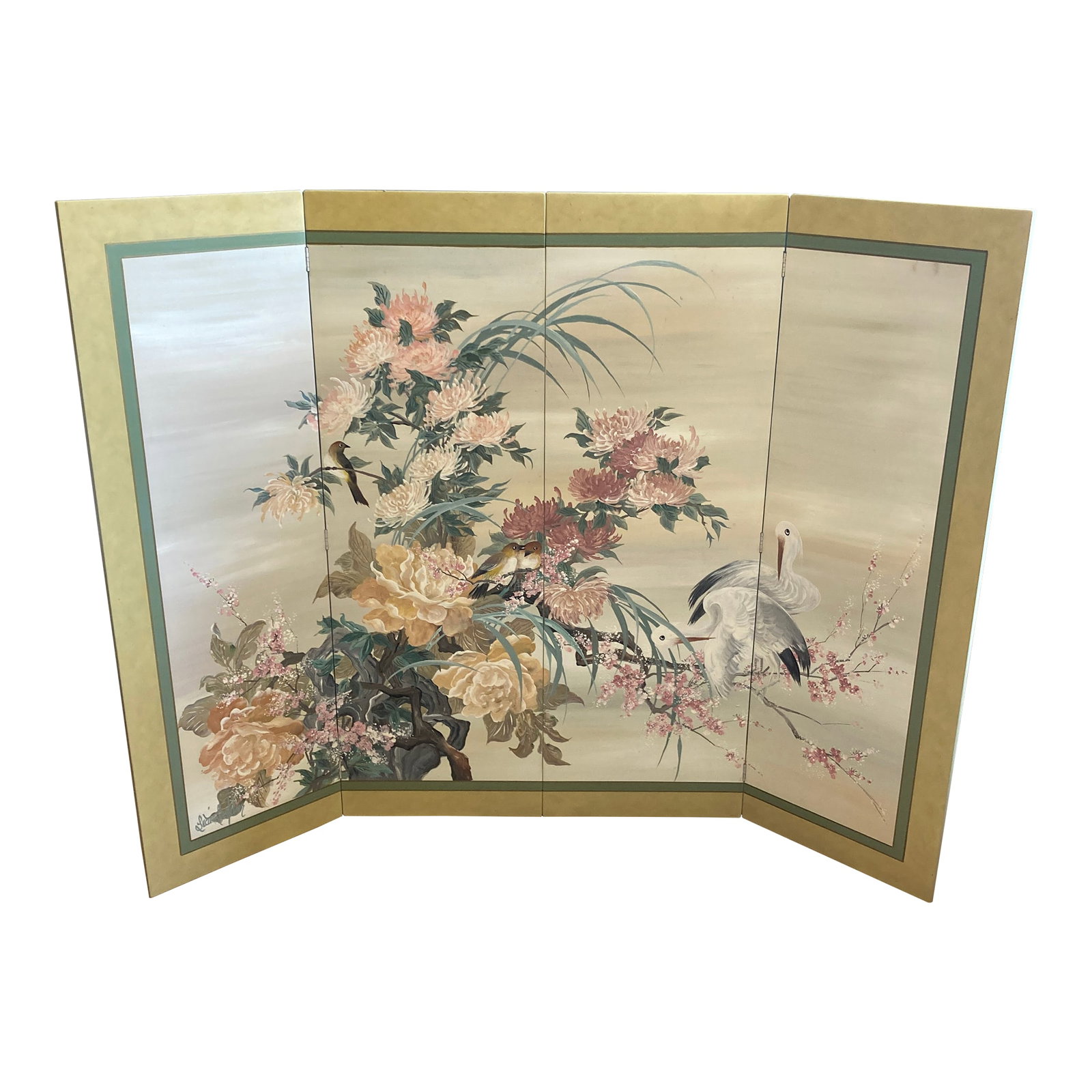 Mid 20th Century Japanese Style Four Panel Screen Hand Painted by Lucien Leinfelder (1 of 11)