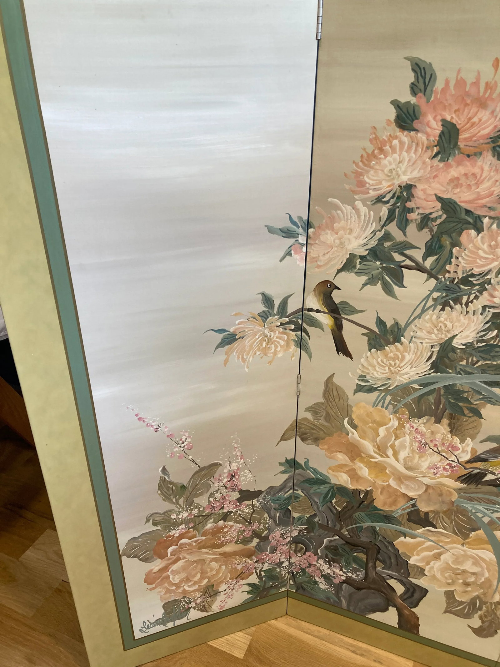 Mid 20th Century Japanese Style Four Panel Screen Hand Painted by Lucien Leinfelder - 4