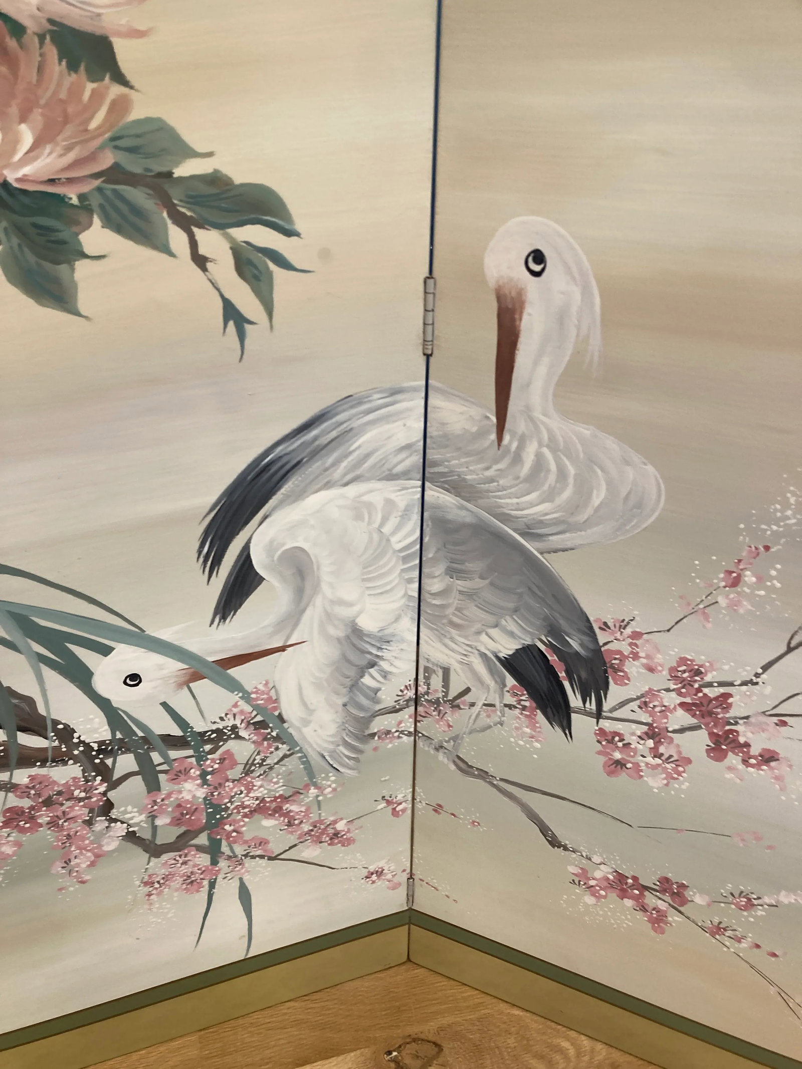 Mid 20th Century Japanese Style Four Panel Screen Hand Painted by Lucien Leinfelder - 7