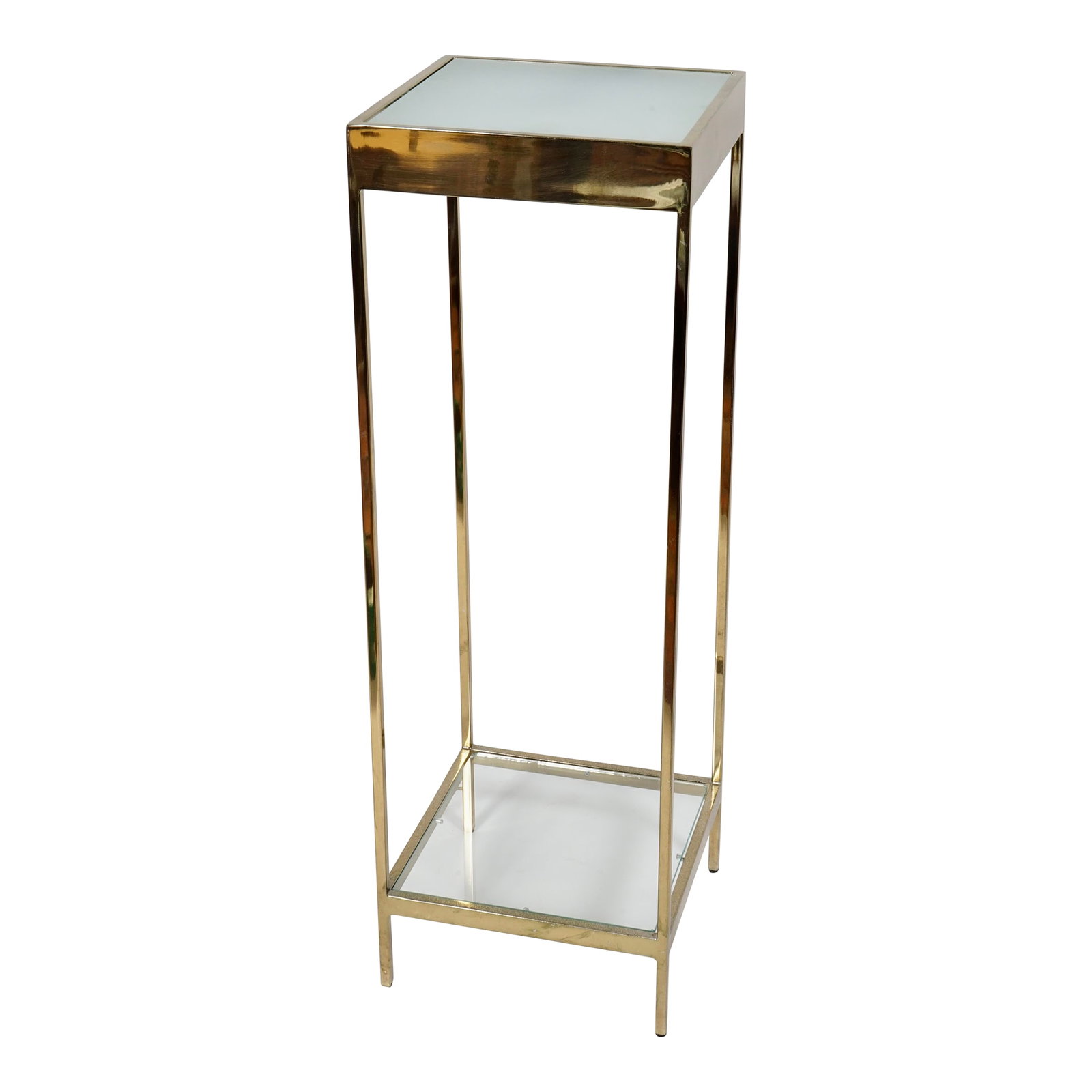 Vintage Maison Jansen Style Double Tier Brass and Glass Lighted Display Pedestal: A lighted 2 tier brass display stand or pedestal in the Style of Maison Jansen. Top shelf milk glass, bottom shelf clear glass. Fantastic brass and lucite floor clicker. Perfect for a high end boutiqu