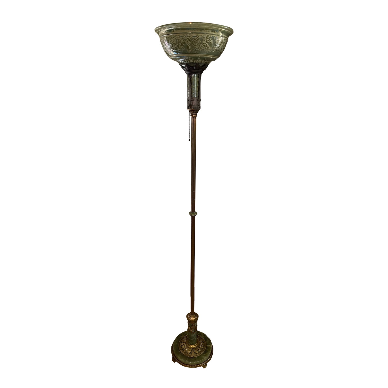 Antique Art Deco Torchiere Floor Lamp With Etched Green Glass, With Brass and Onyx.: Bring timeless elegance into your home with this stunning antique floor lamp. Featuring a decorative etched green glass torchiere shade and a sturdy brass base with green onyx & ornate detailing.