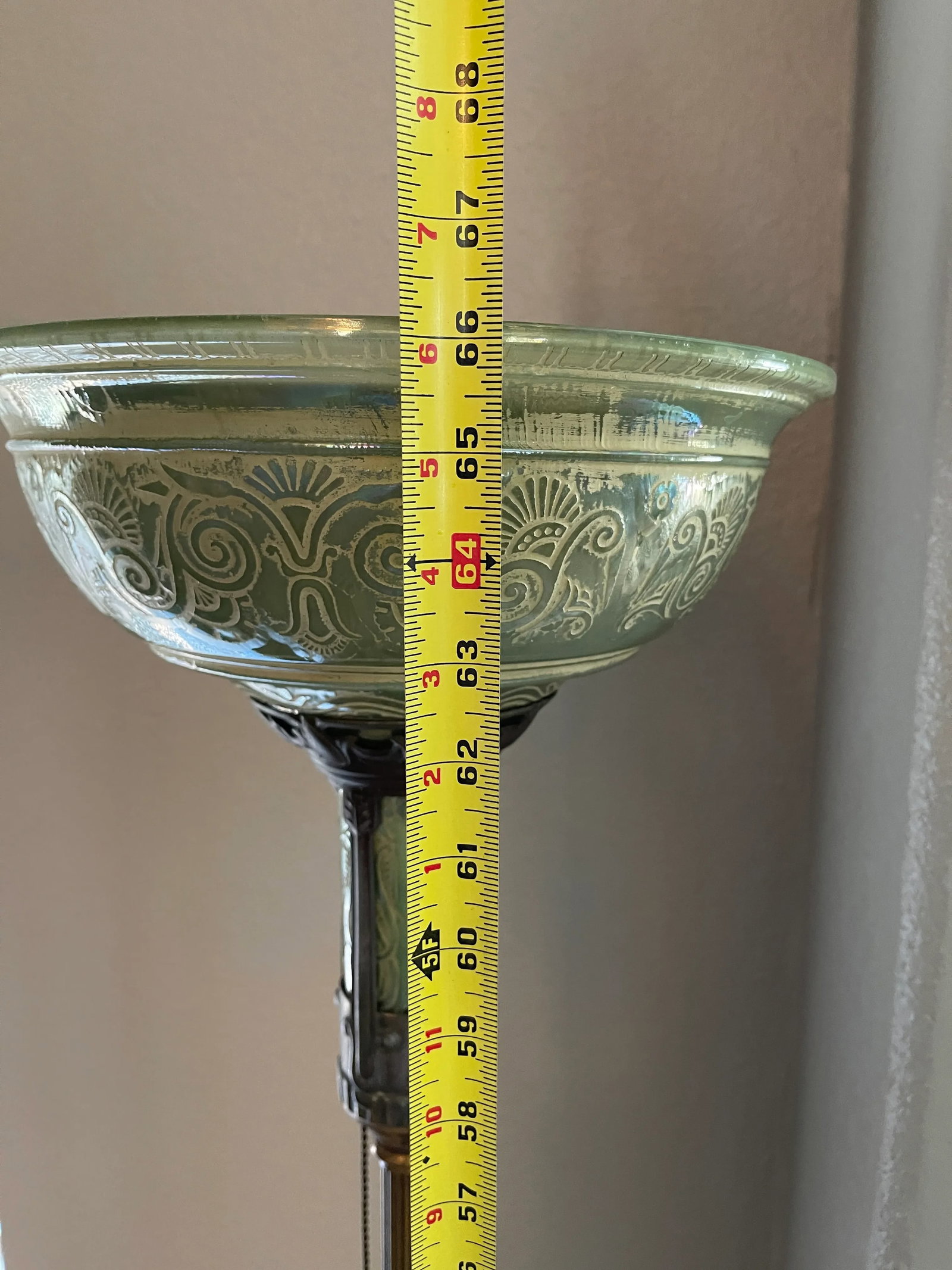 Antique Art Deco Torchiere Floor Lamp With Etched Green Glass, With Brass and Onyx. - 7