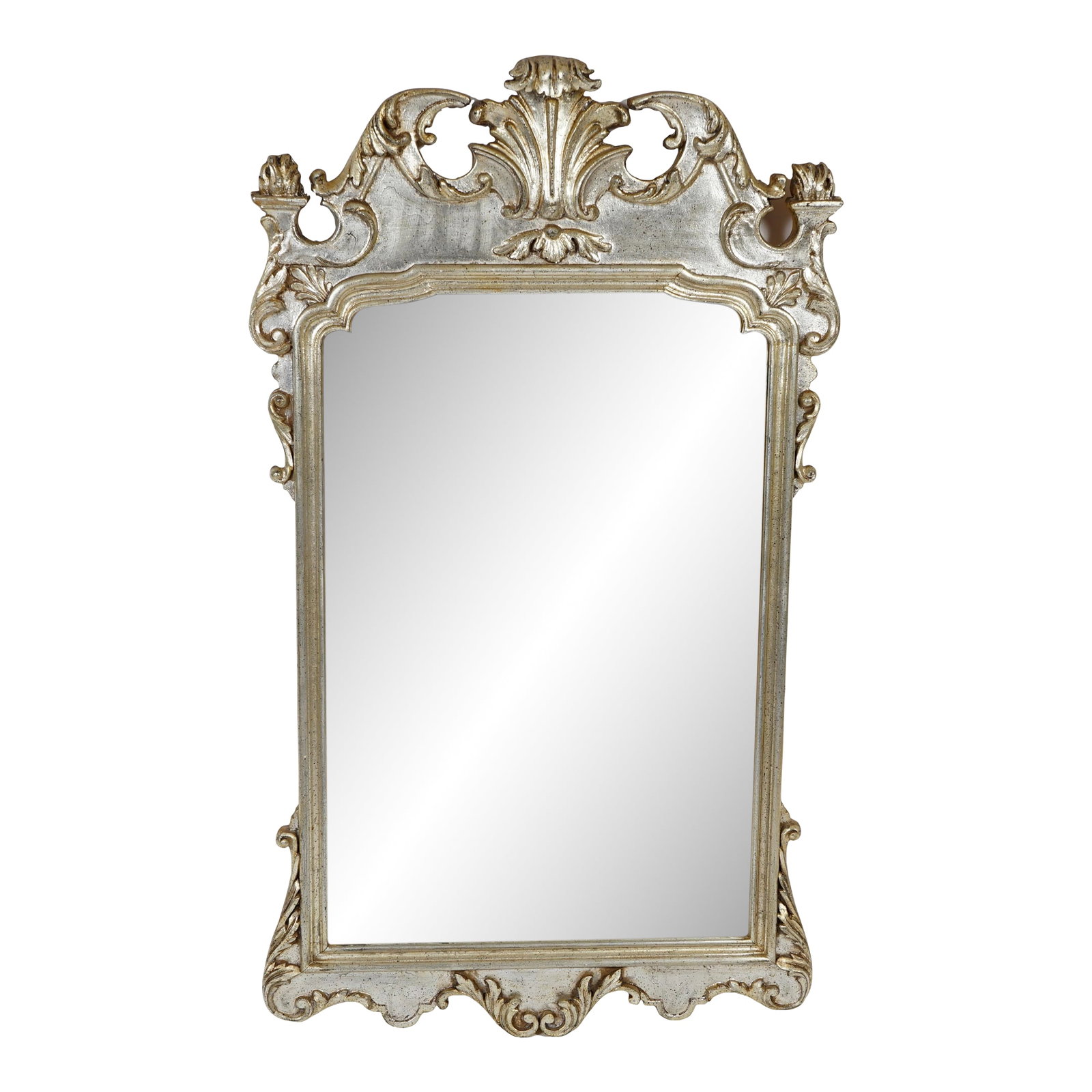 Vintage Italian Rococo Style Wall Mirror: This is a vintage Italian Rococo style mirror . The frame is carved wood with a silvered or silver-gilt finish, featuring intricate scrollwork and decorative crest-like designs at the top. The style i