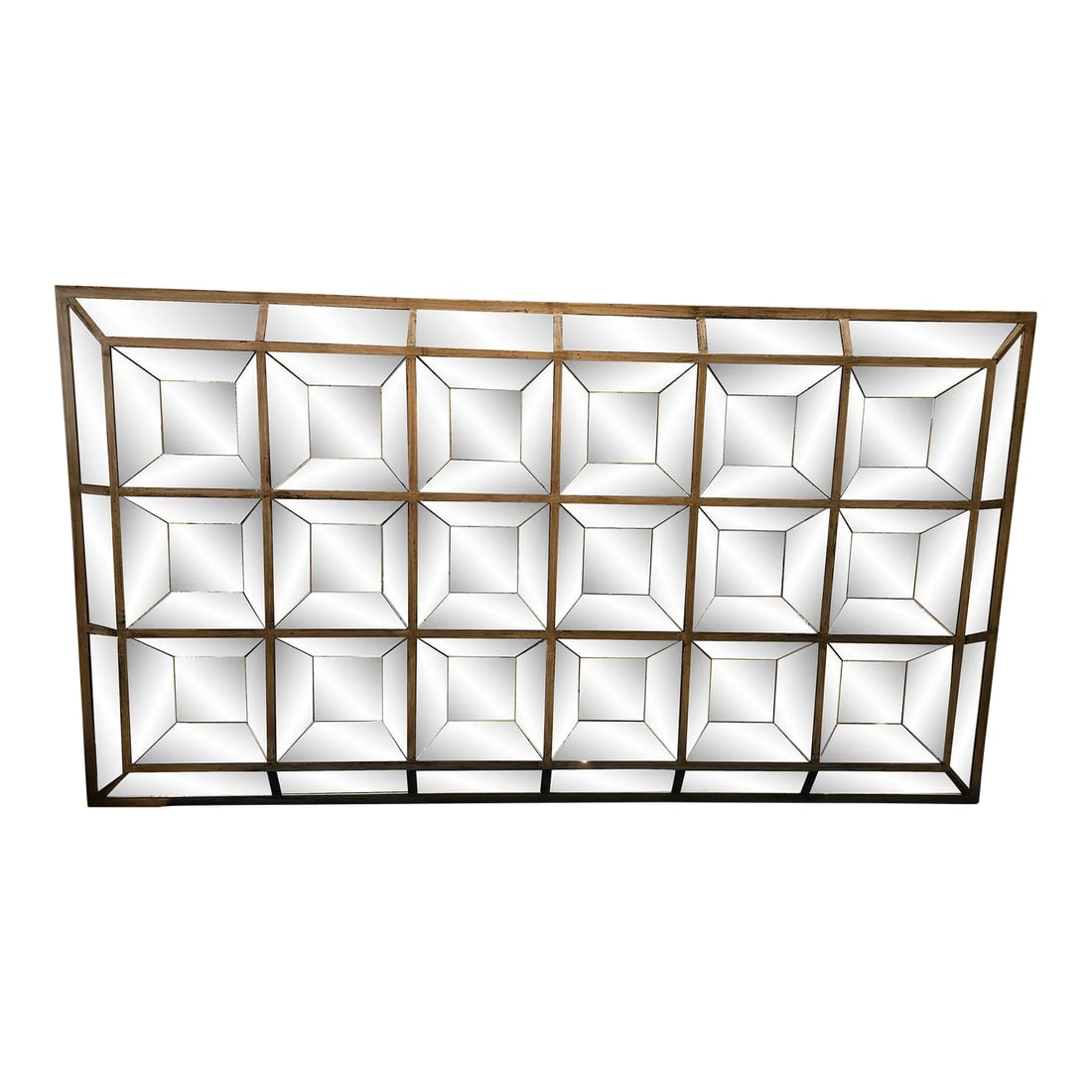 Vintage Mid-Century Modern Beveled Majestic Mirror: Large Geometric Wall Mirror Featuring A Repeating Pattern Of Beveled, Angled Tiles Set In A Rectangular Wooden Frame For a Striking Visual Effect. Truly a rare find, absolutely striking in person but
