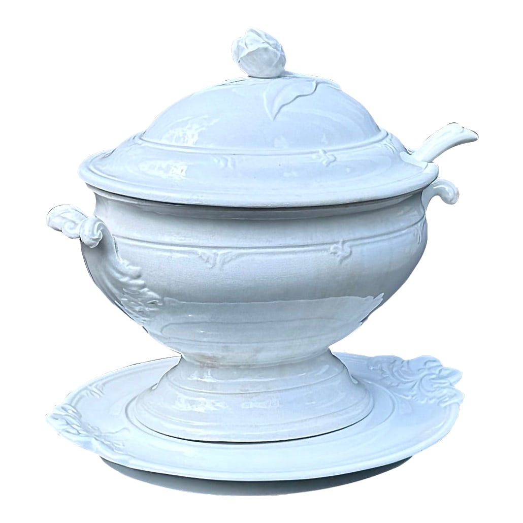 Antique English Ironstone Soup Tureen Complete Set With Ladle & Underplate Circa 1860: A rare complete Elsmore & Forster English ironstone soup tureen, Staffordshire c.1855-1870, with its original domed lid, ladle, and matching underplate - it is highly unusual to see a complete set of 