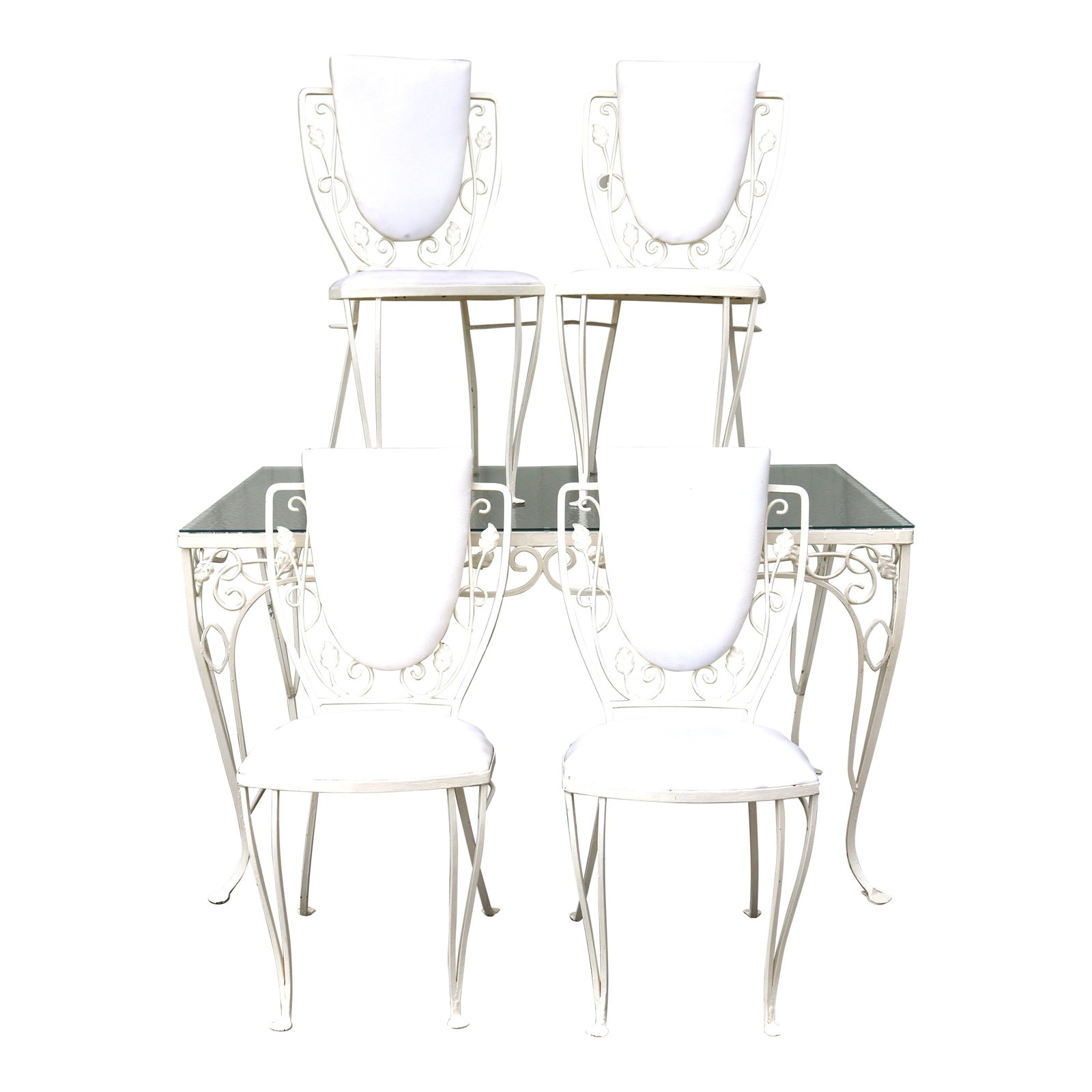 Vintage John Salterini Style Wrought Iron & Glass Dining Table & 4 Wrought Iron Chairs: A very nice set in the John Salterini style. I was unable to locate a maker's mark. I love the scroll work and leaves! The shield back on the chairs is very unique and makes for a comfy seat. Nice
