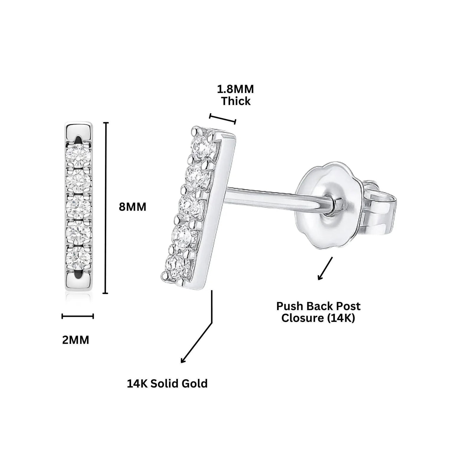 Pave Natural Diamond Flush Bar 14k Stud Earring, A Pair - 6