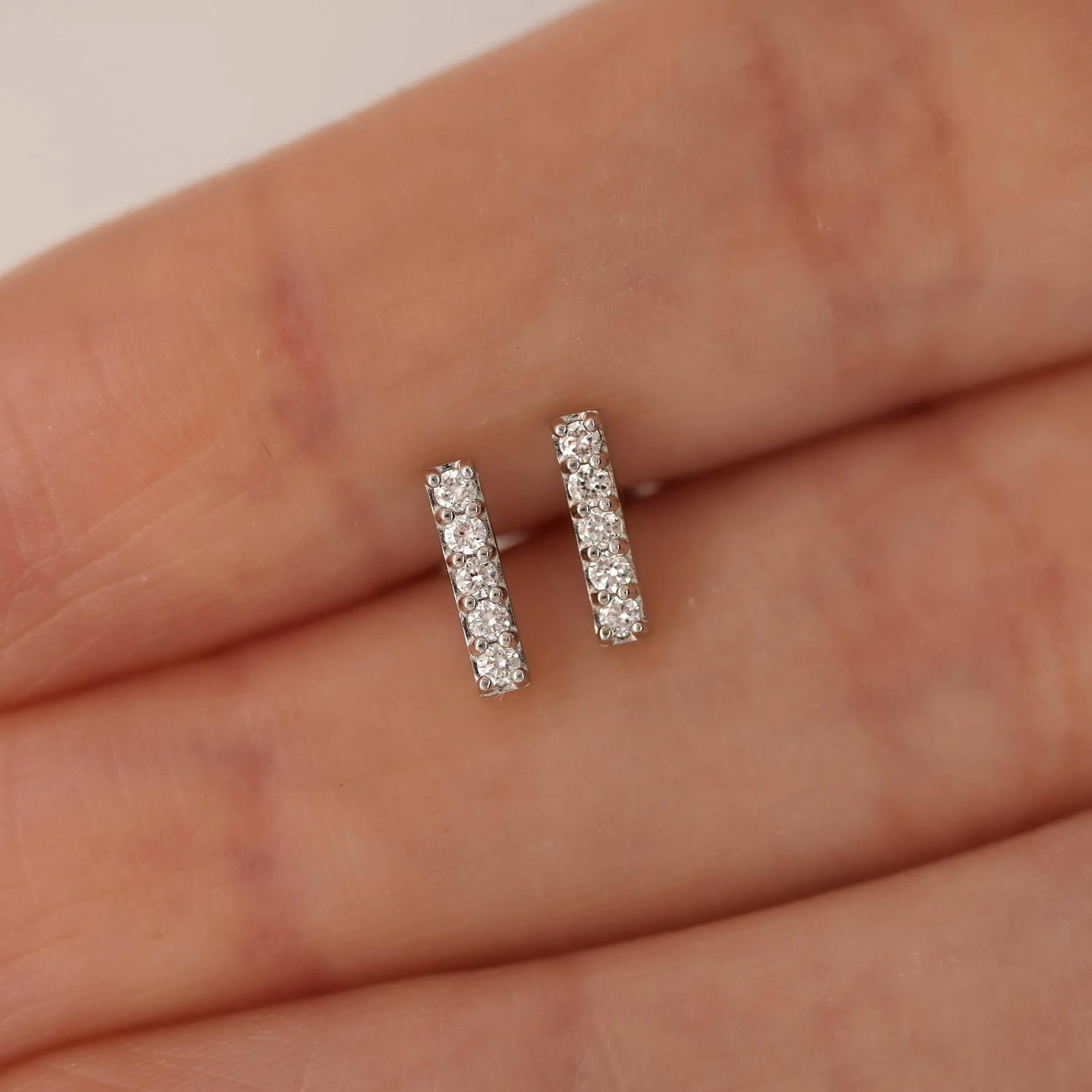 Pave Natural Diamond Flush Bar 14k Stud Earring, A Pair - 8