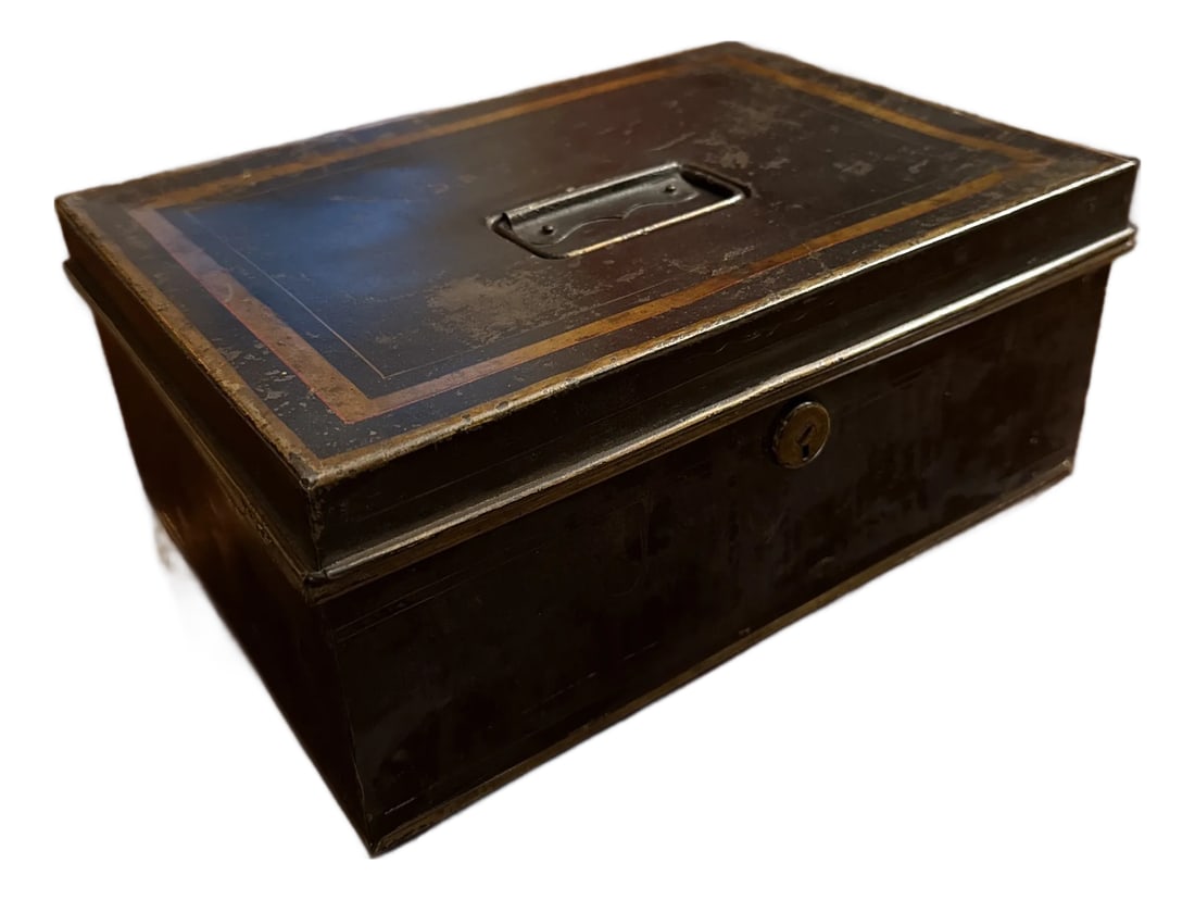 Late 19th Century Black and Gold Metal Document or Cash Box: A wonderful British Victorian era black and gold painted 10 metal document box or money box with inset lift up handle Condition: Alterations: Original Condition Unaltered Imperfections: Some Imperfect
