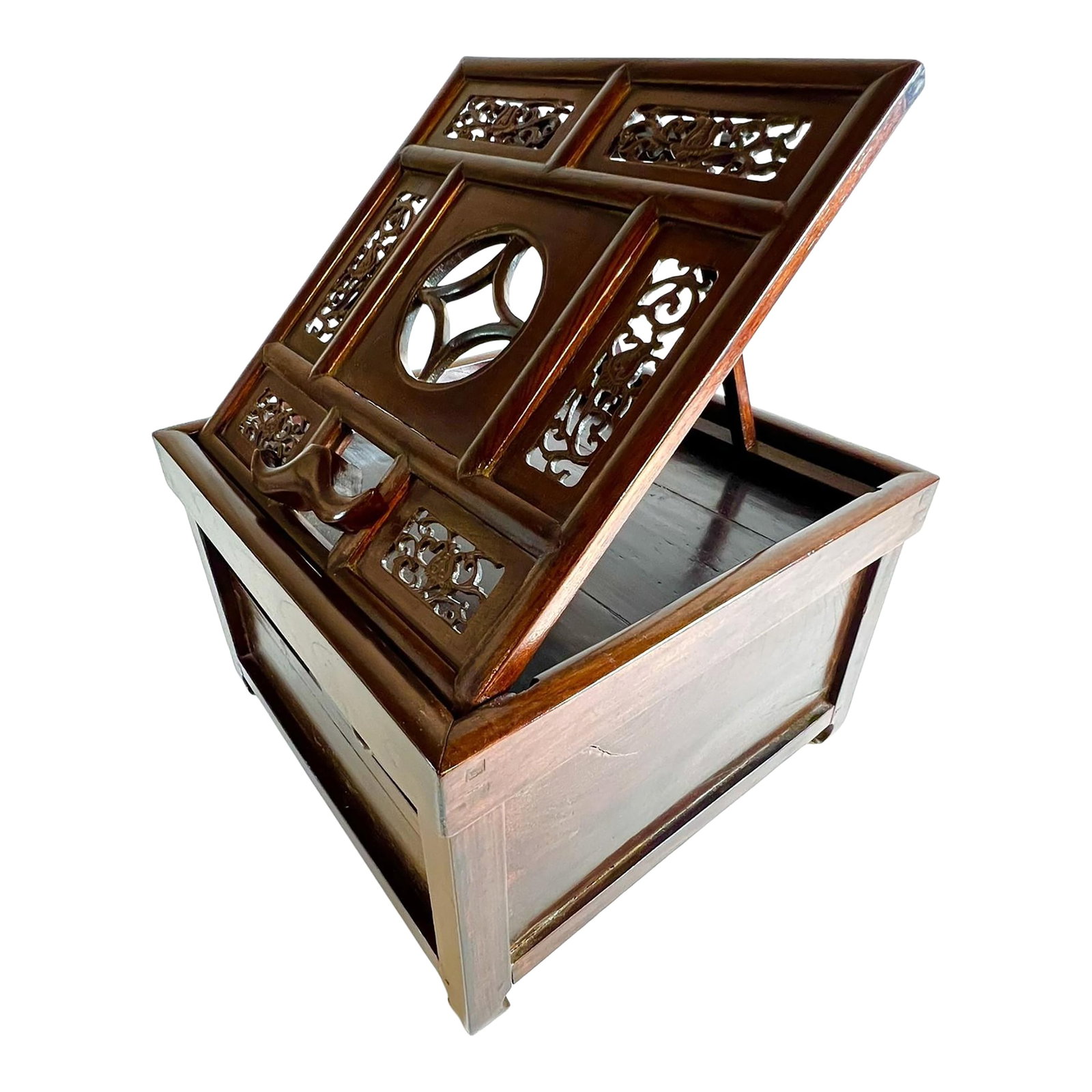 Antique Chinese Lady's Mirror Box: This box with a raised verticulated carved panels in supported in an angle is a popular piece of furnishing that is illustrated in books on Ming Dynasty furniture. This is a simpler version, made